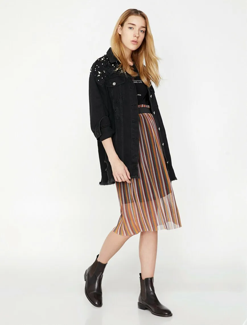 12190 Bordeaux Striped Midi Skirt