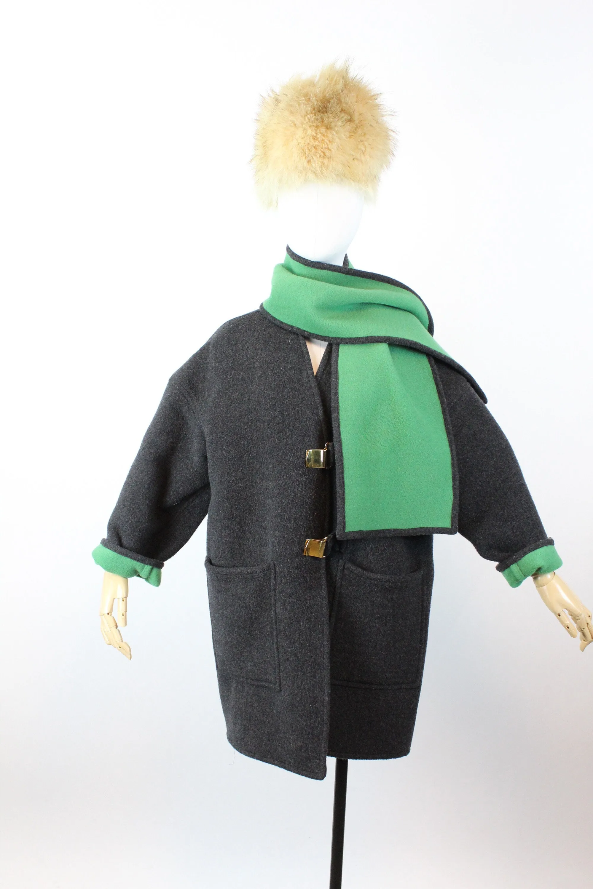 1960s double faced GREEN GRAY gold buckle coat small - large | new winter