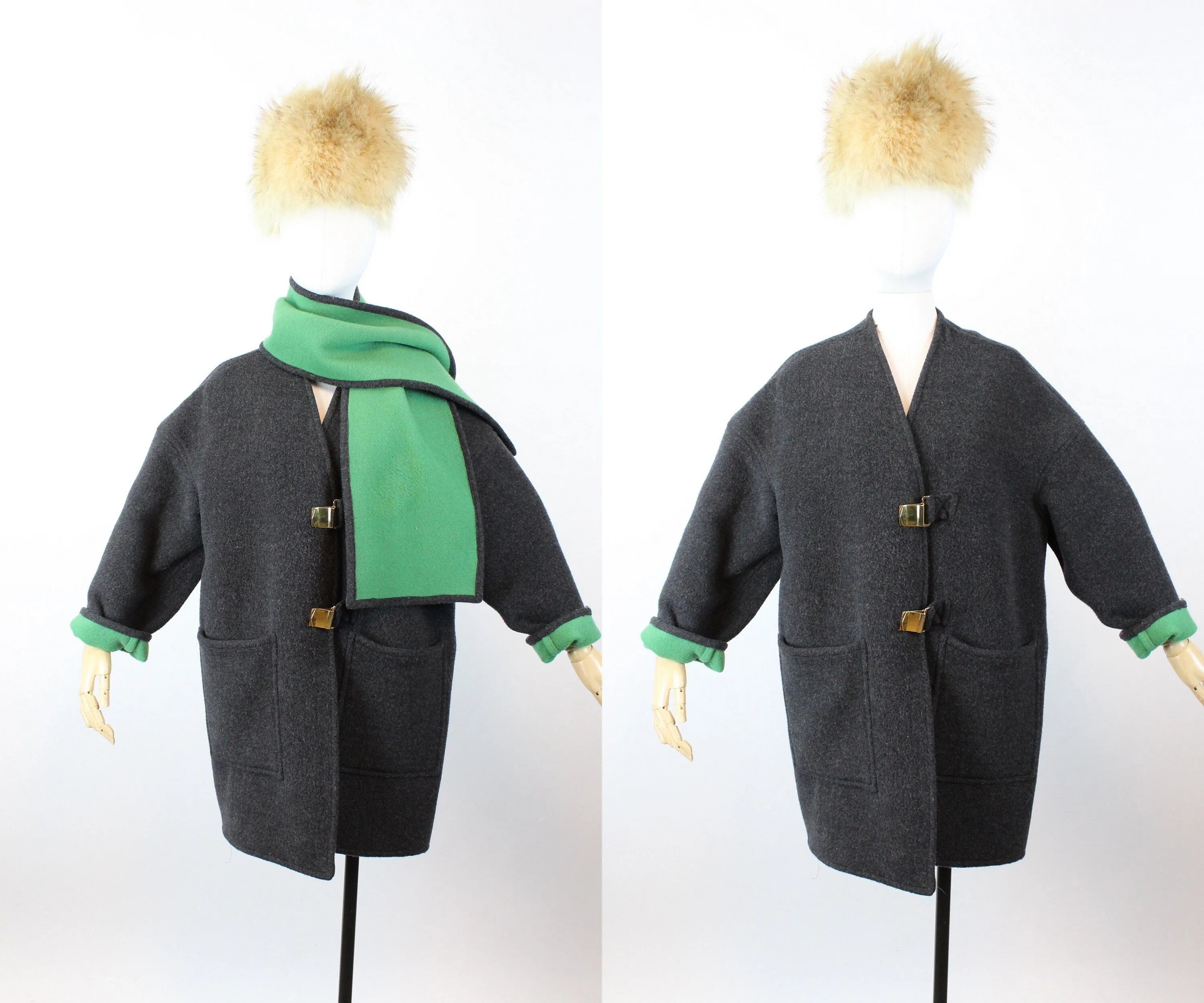 1960s double faced GREEN GRAY gold buckle coat small - large | new winter