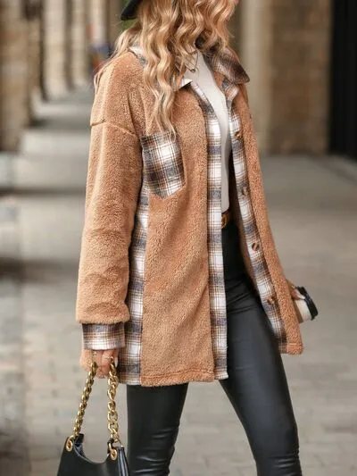 5 Plaid Teddy Color Block Shacket Coat