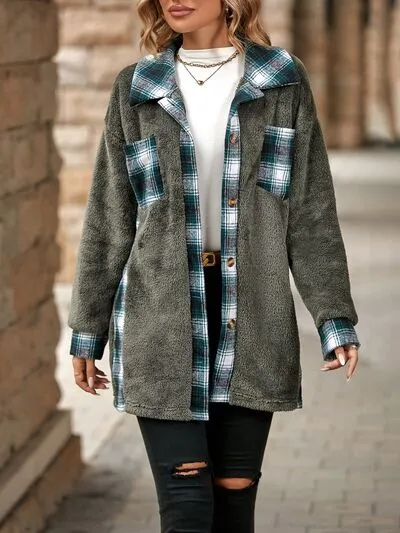 5 Plaid Teddy Color Block Shacket Coat