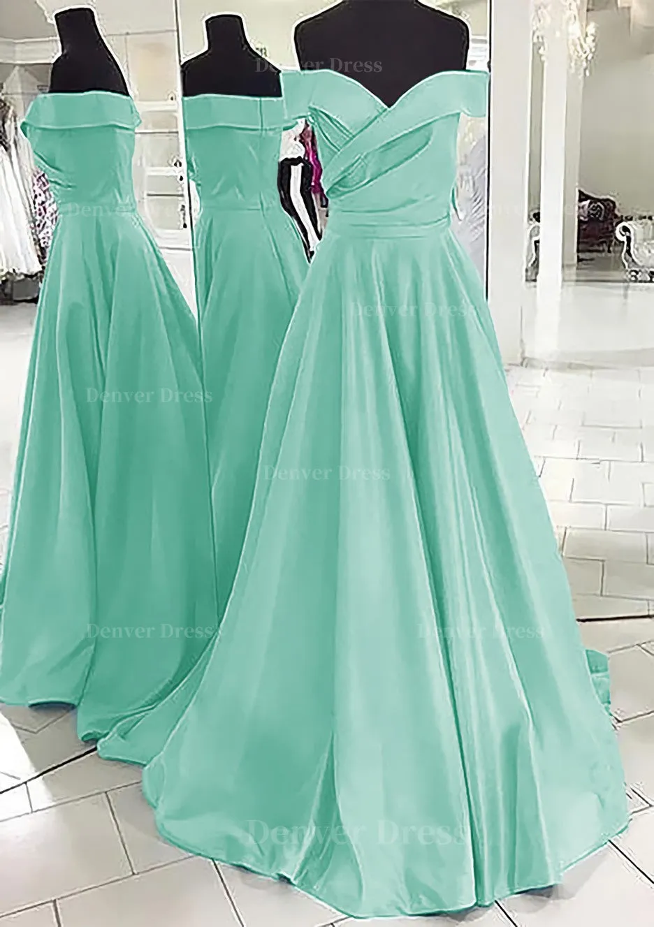 A-line/Princess Off-the-Shoulder Sleeveless Sweep Train Satin Prom Dress