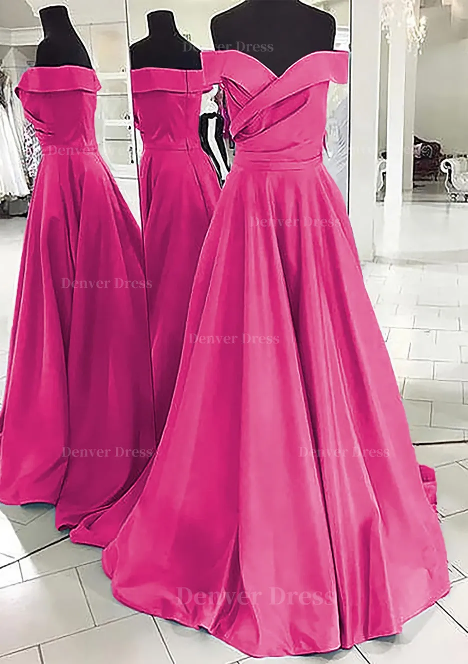 A-line/Princess Off-the-Shoulder Sleeveless Sweep Train Satin Prom Dress