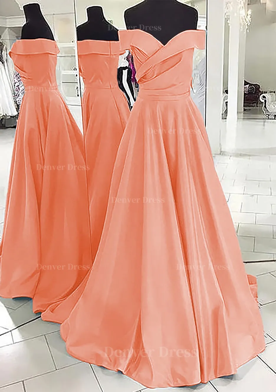 A-line/Princess Off-the-Shoulder Sleeveless Sweep Train Satin Prom Dress