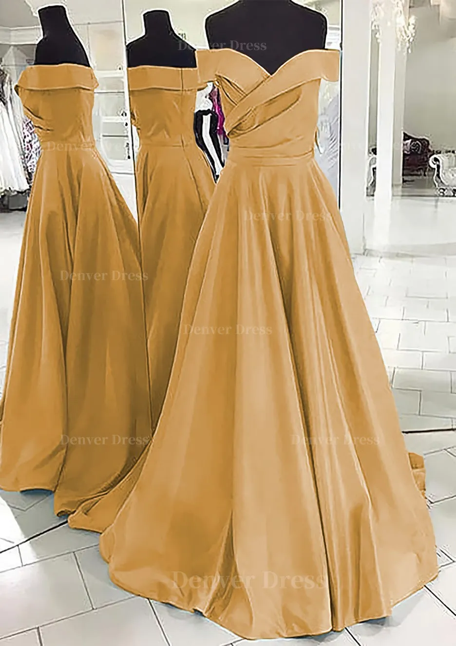 A-line/Princess Off-the-Shoulder Sleeveless Sweep Train Satin Prom Dress