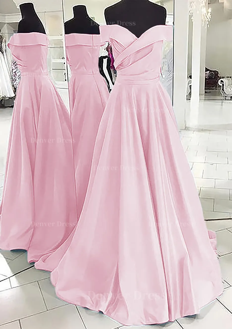 A-line/Princess Off-the-Shoulder Sleeveless Sweep Train Satin Prom Dress