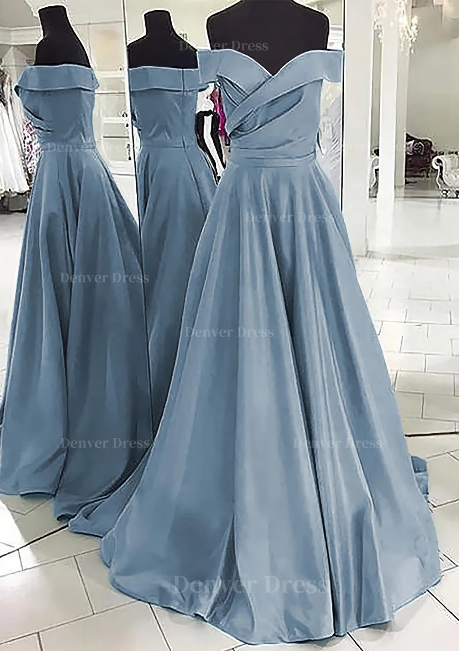 A-line/Princess Off-the-Shoulder Sleeveless Sweep Train Satin Prom Dress