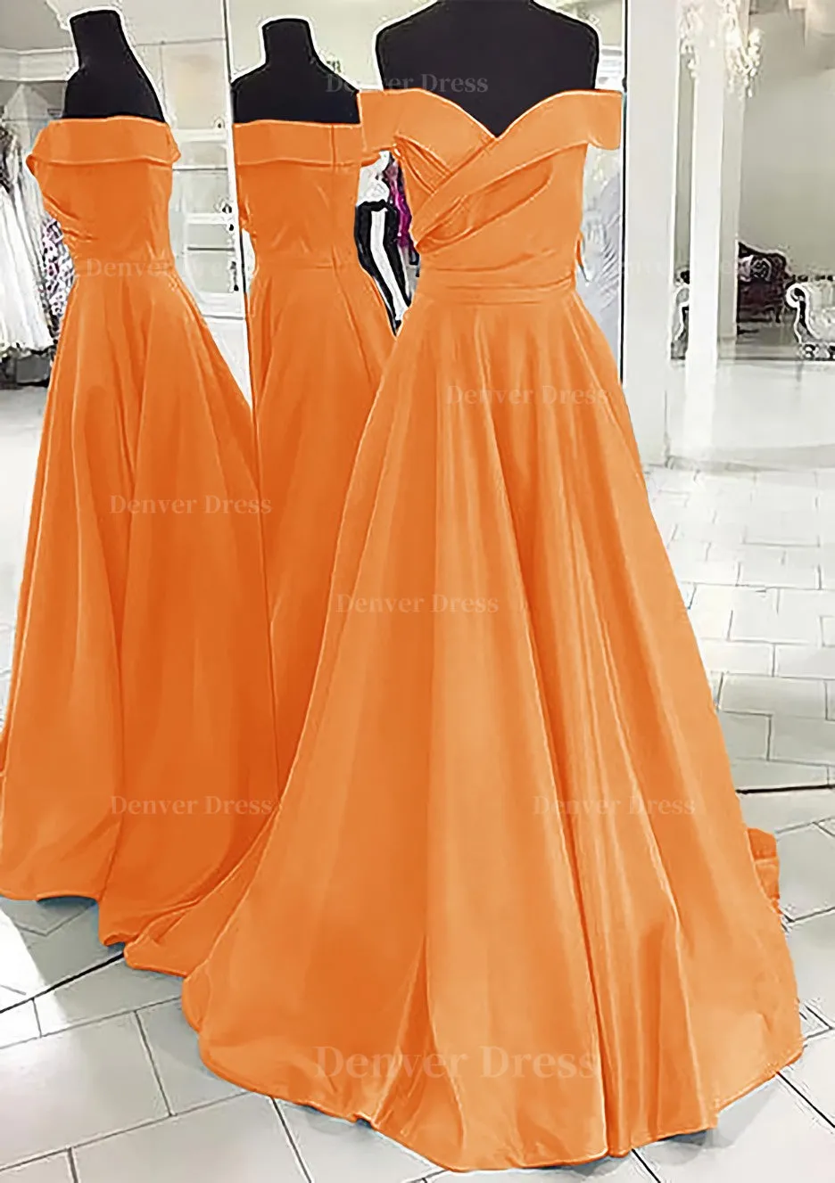 A-line/Princess Off-the-Shoulder Sleeveless Sweep Train Satin Prom Dress