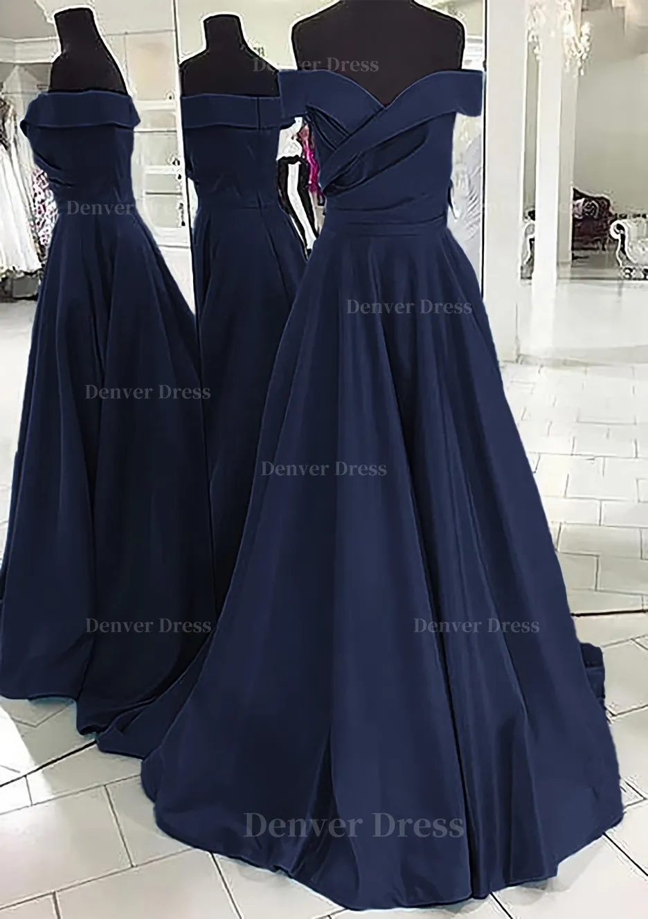 A-line/Princess Off-the-Shoulder Sleeveless Sweep Train Satin Prom Dress