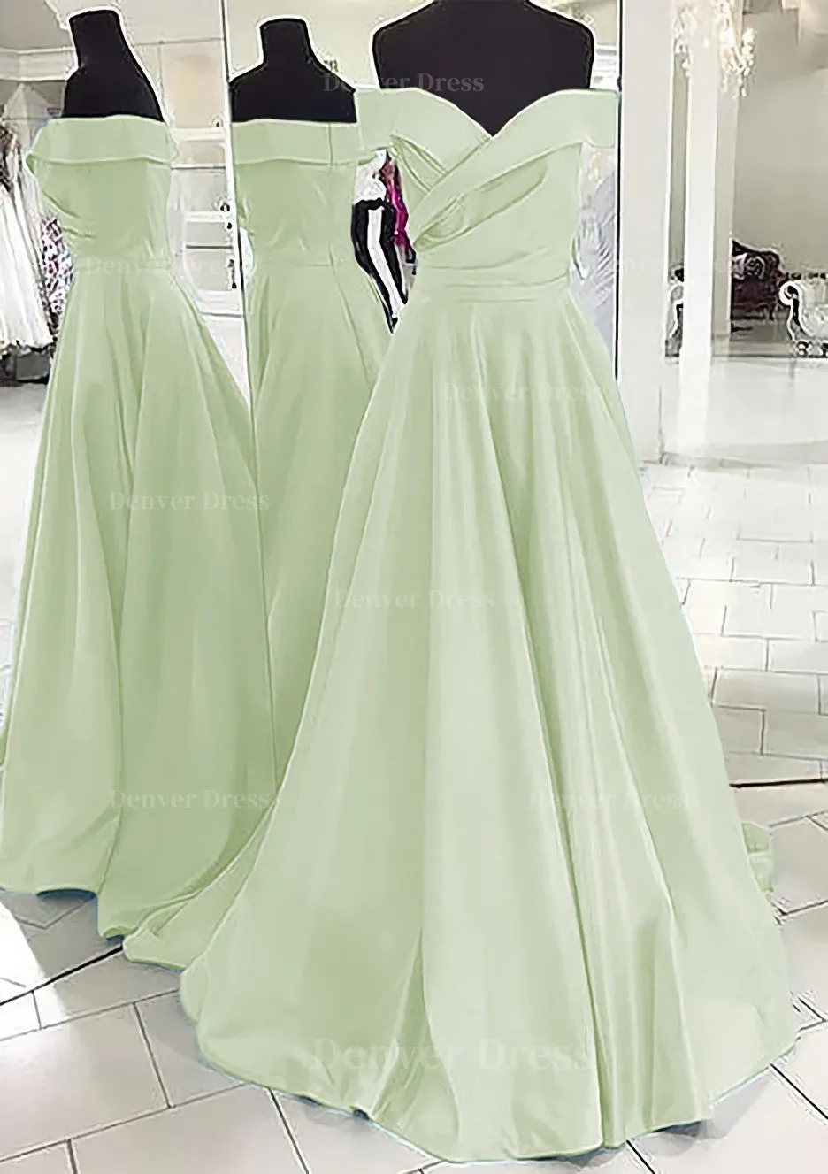 A-line/Princess Off-the-Shoulder Sleeveless Sweep Train Satin Prom Dress