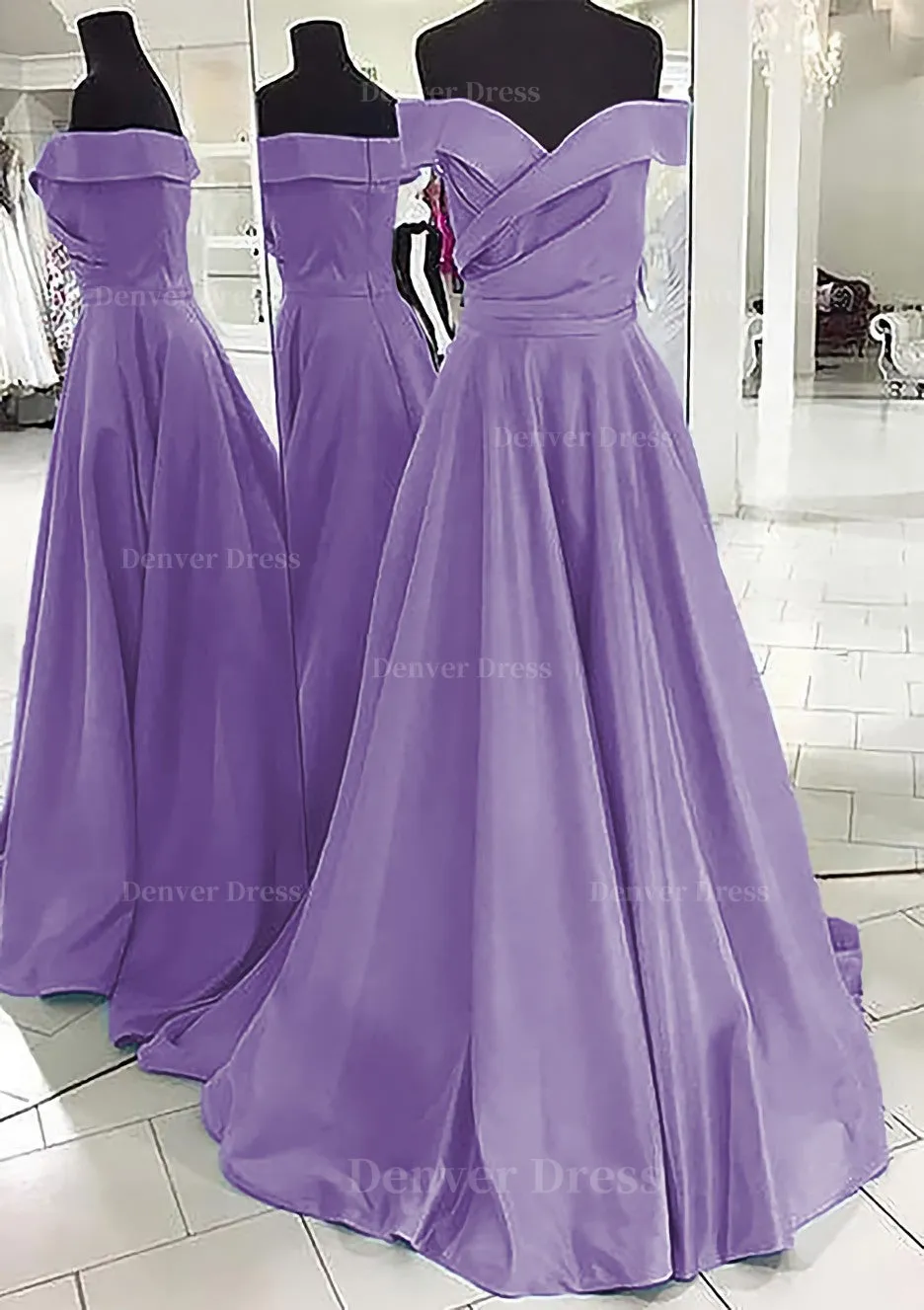 A-line/Princess Off-the-Shoulder Sleeveless Sweep Train Satin Prom Dress