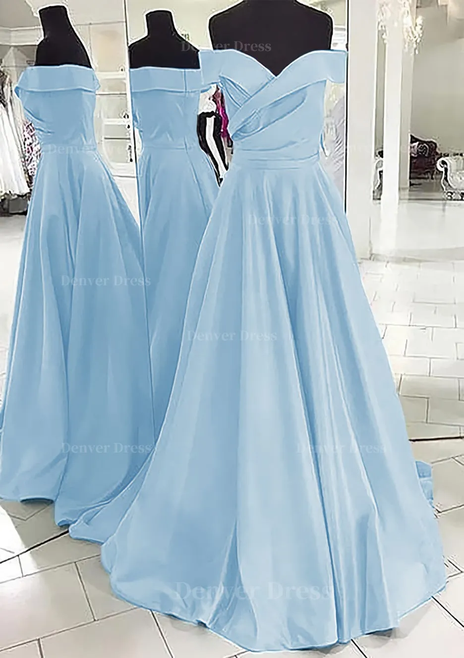 A-line/Princess Off-the-Shoulder Sleeveless Sweep Train Satin Prom Dress