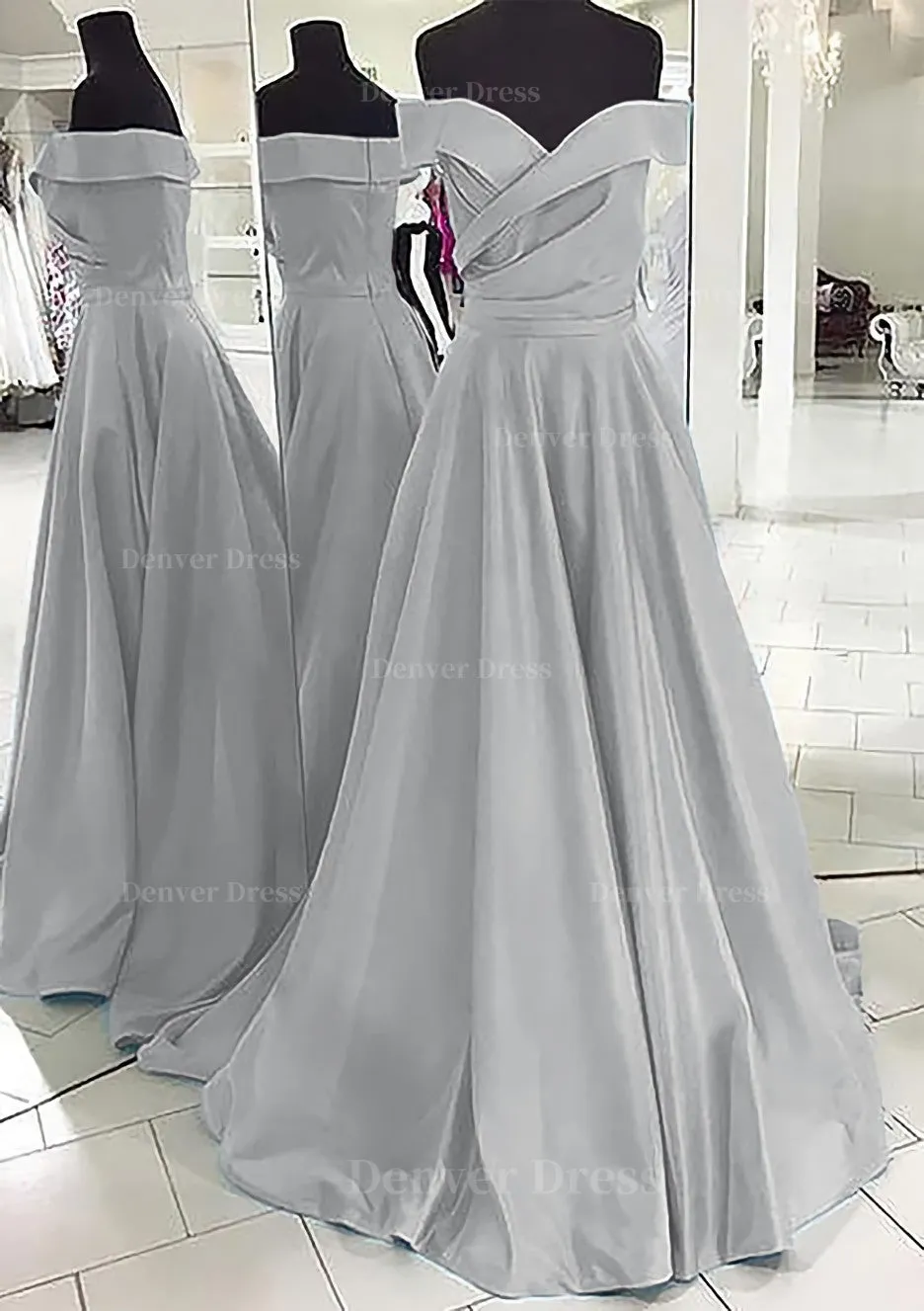 A-line/Princess Off-the-Shoulder Sleeveless Sweep Train Satin Prom Dress