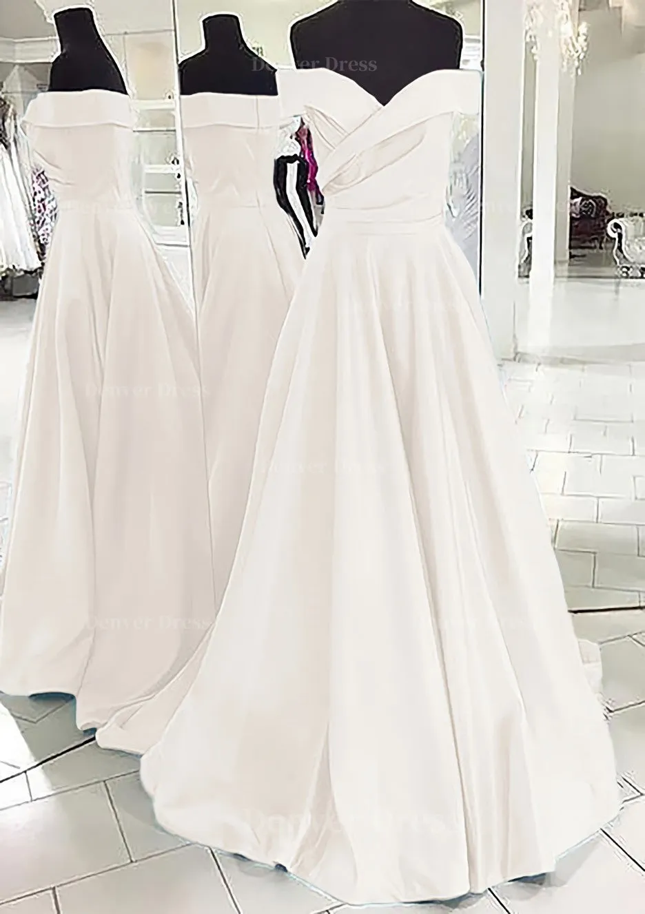 A-line/Princess Off-the-Shoulder Sleeveless Sweep Train Satin Prom Dress