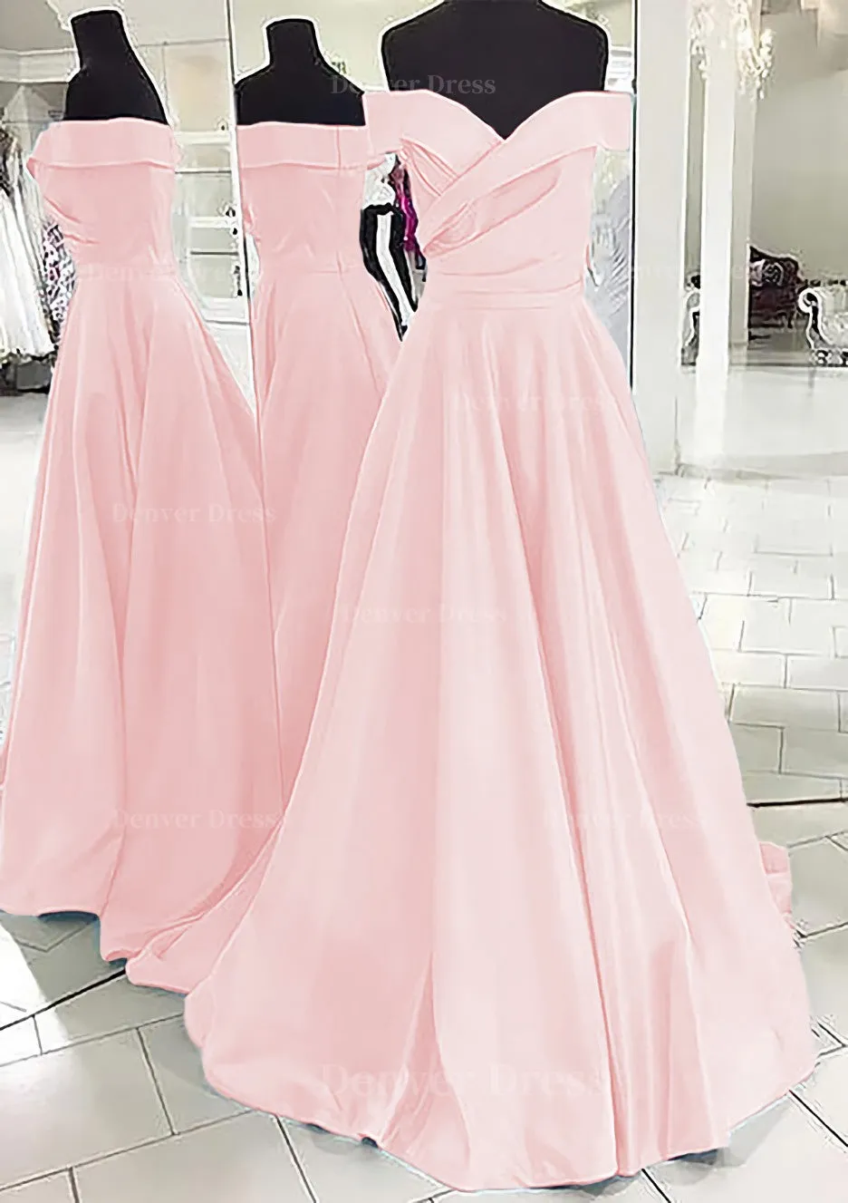 A-line/Princess Off-the-Shoulder Sleeveless Sweep Train Satin Prom Dress