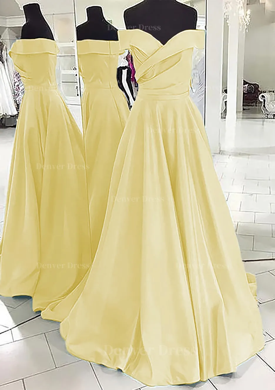 A-line/Princess Off-the-Shoulder Sleeveless Sweep Train Satin Prom Dress