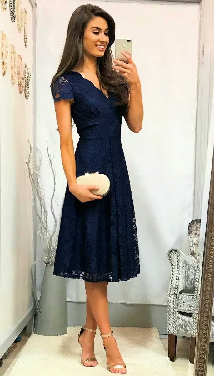 A1645 Navy Lace Midi Flare Dress