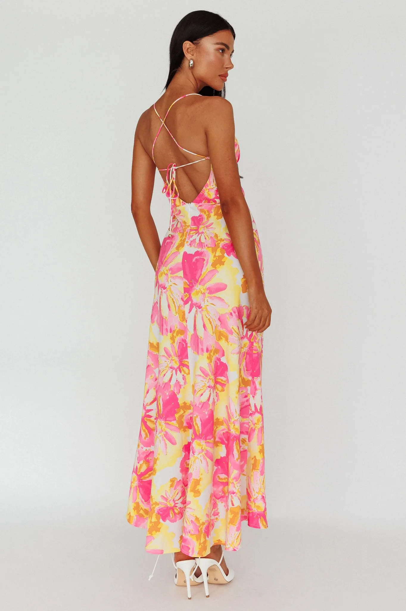 Alora Tie-Up Back Maxi Dress Flower Pink