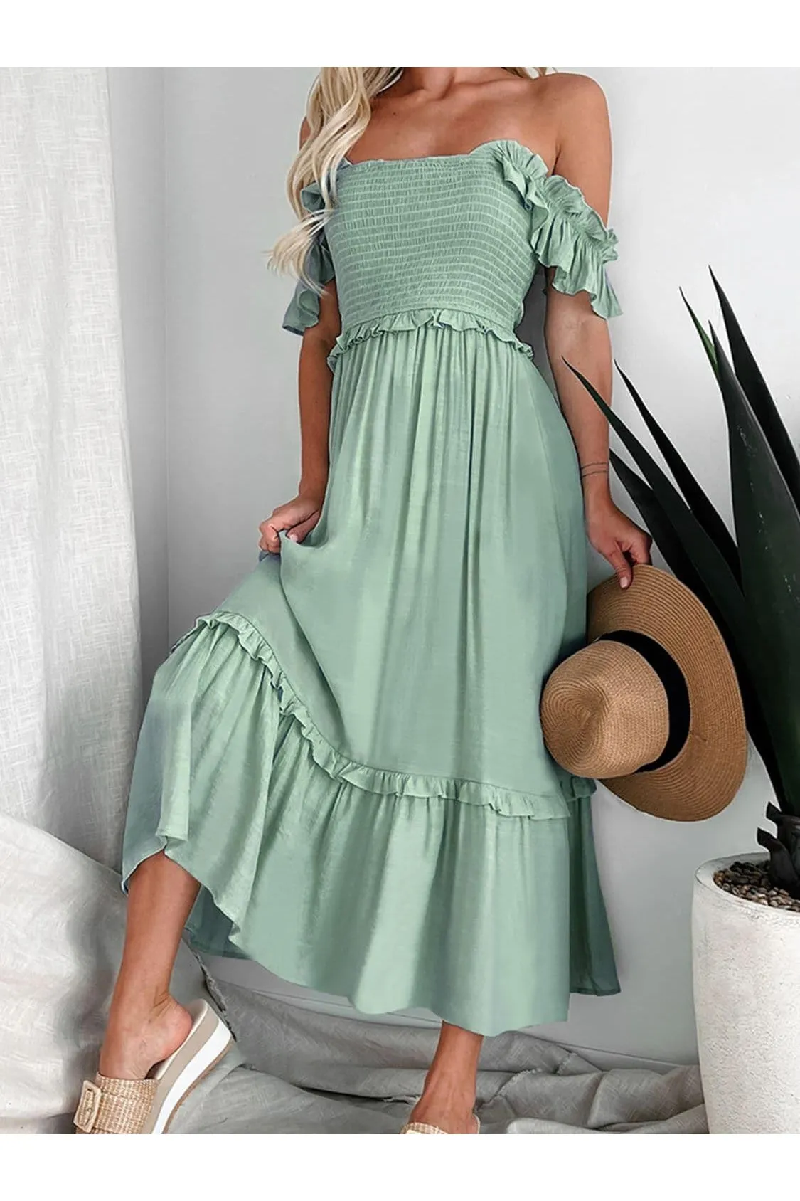 Andrea Frill Smocked Off-Shoulder Ruffle Sleeve Dress