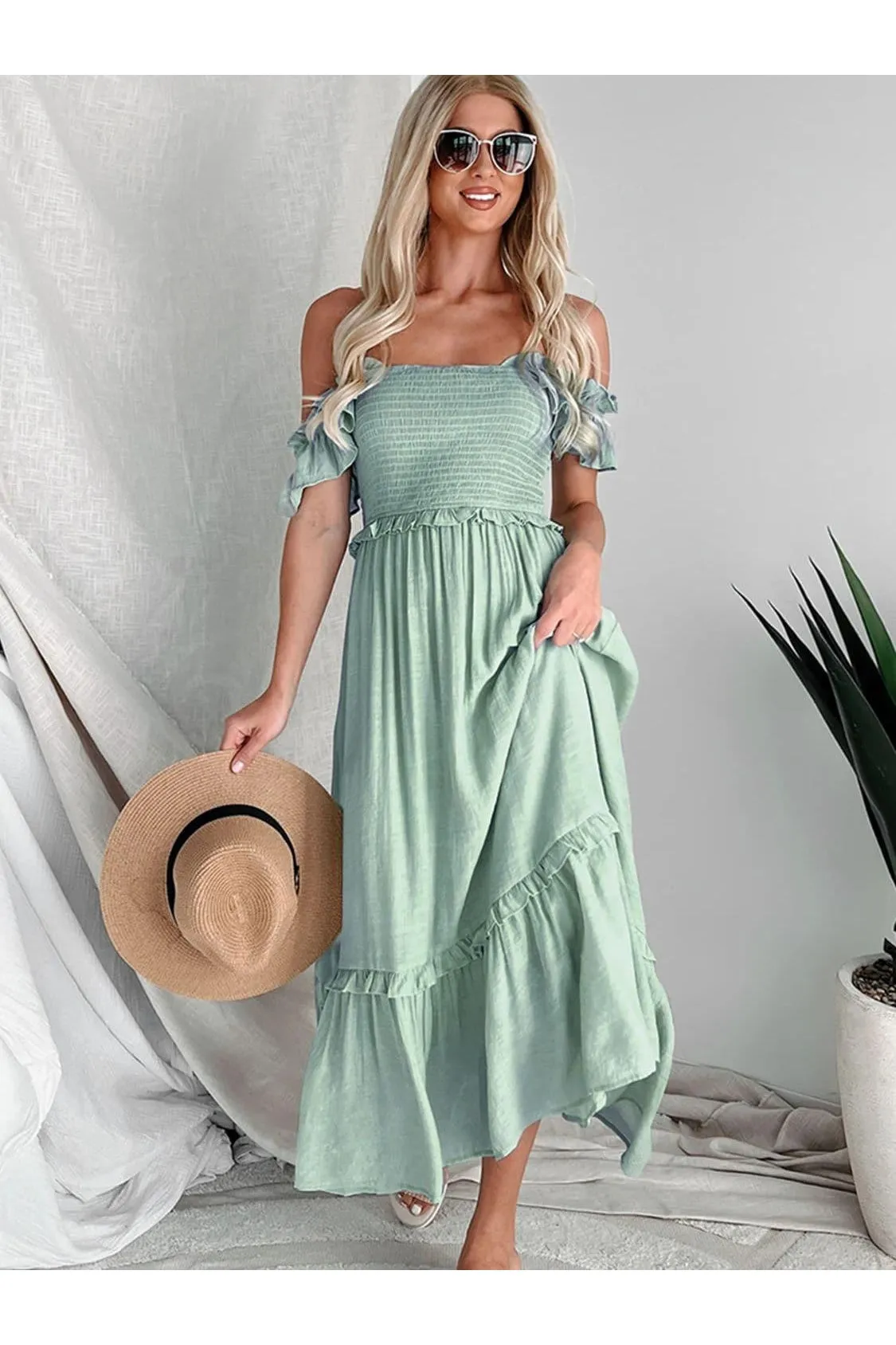 Andrea Frill Smocked Off-Shoulder Ruffle Sleeve Dress