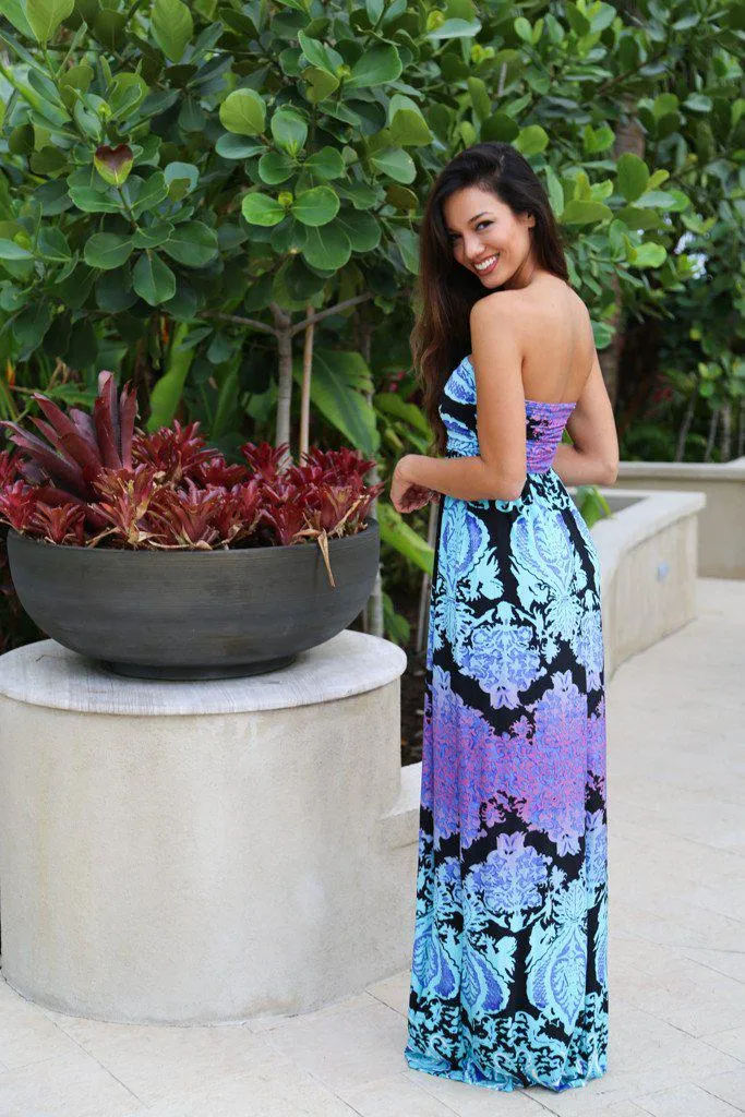 Aqua and Purple Printed Strapless Maxi Dress