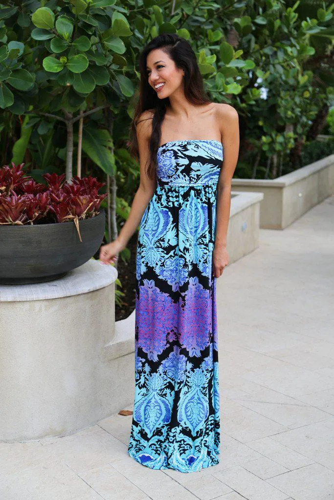 Aqua and Purple Printed Strapless Maxi Dress