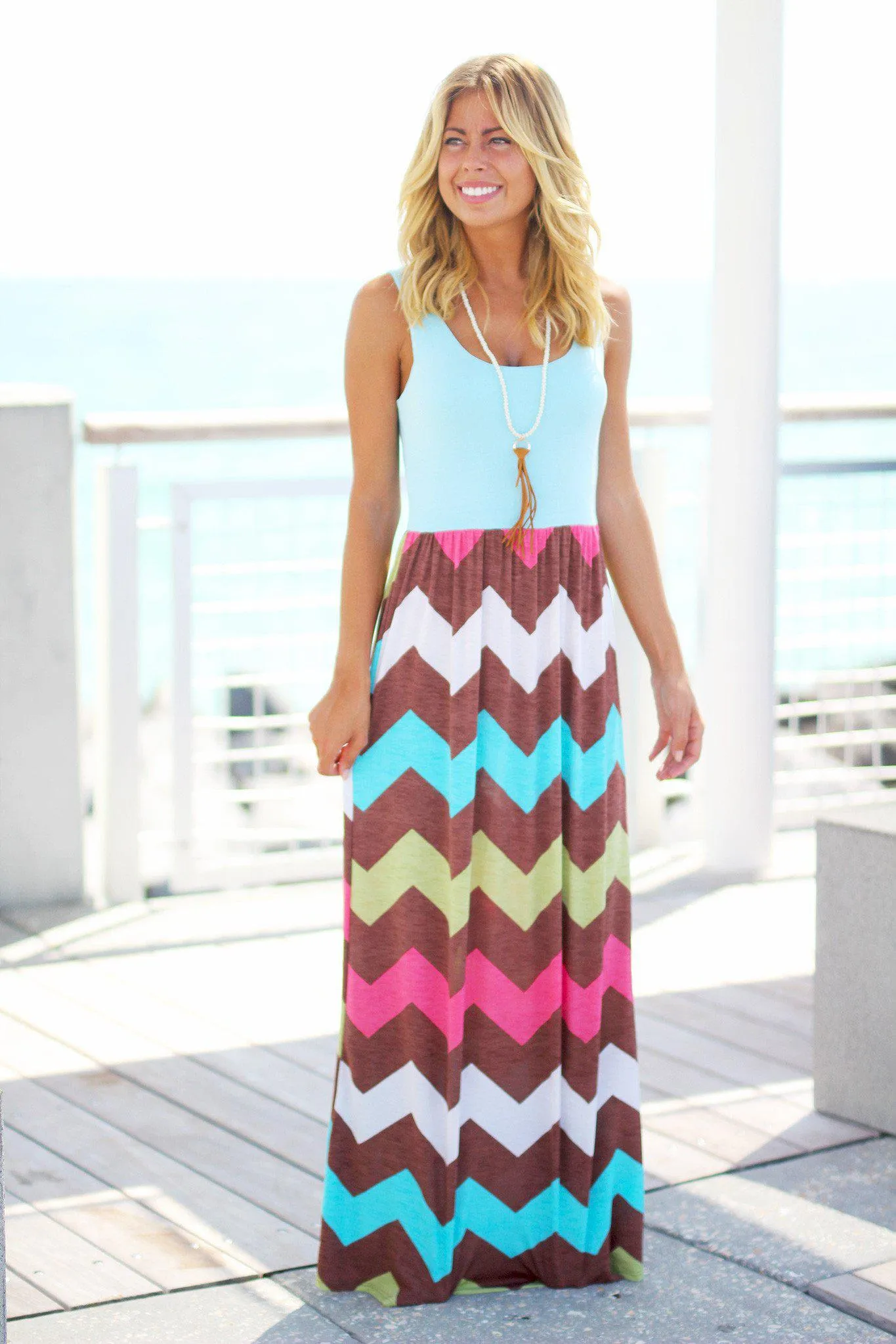 Aqua Multicolor Chevron Maxi Dress