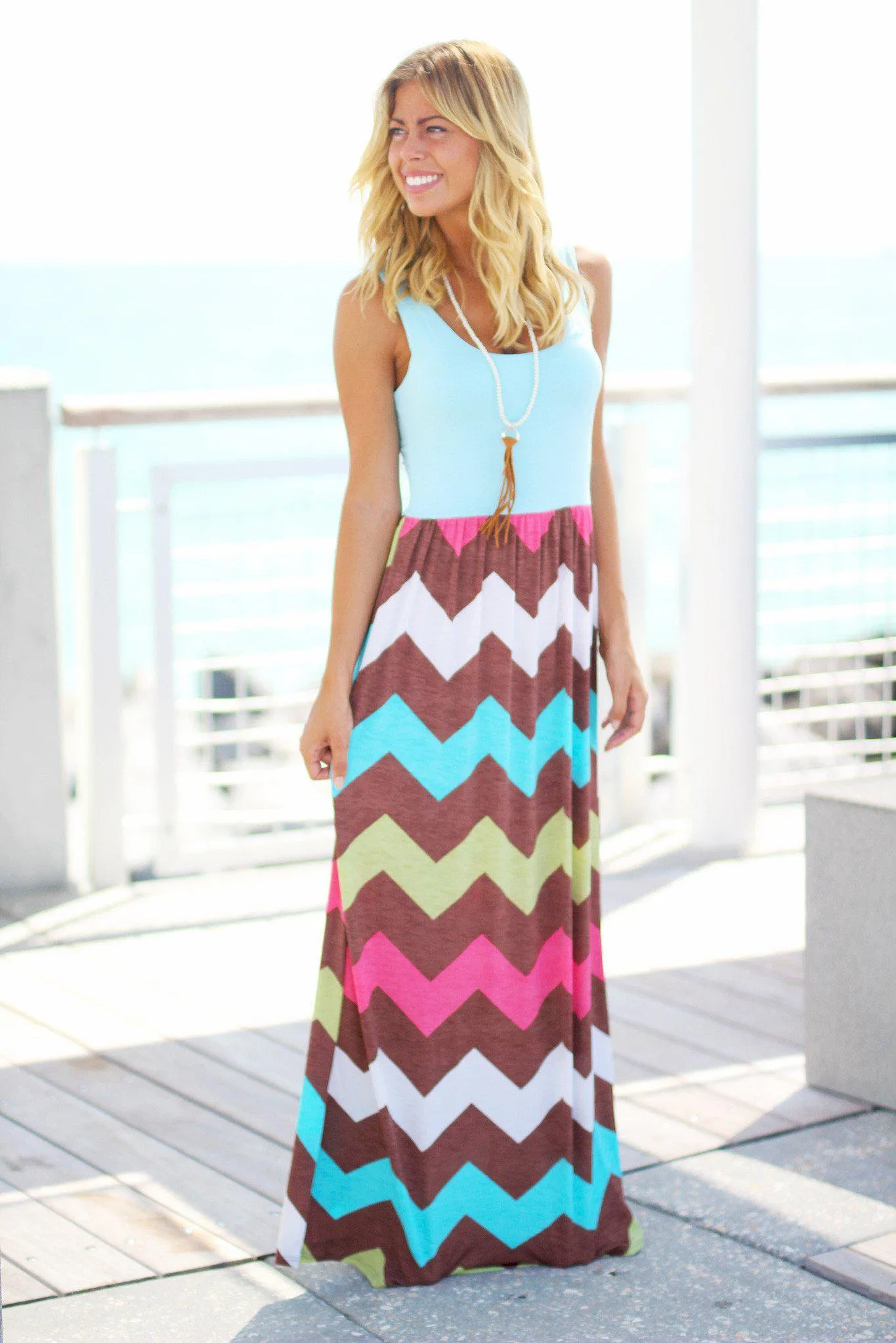 Aqua Multicolor Chevron Maxi Dress