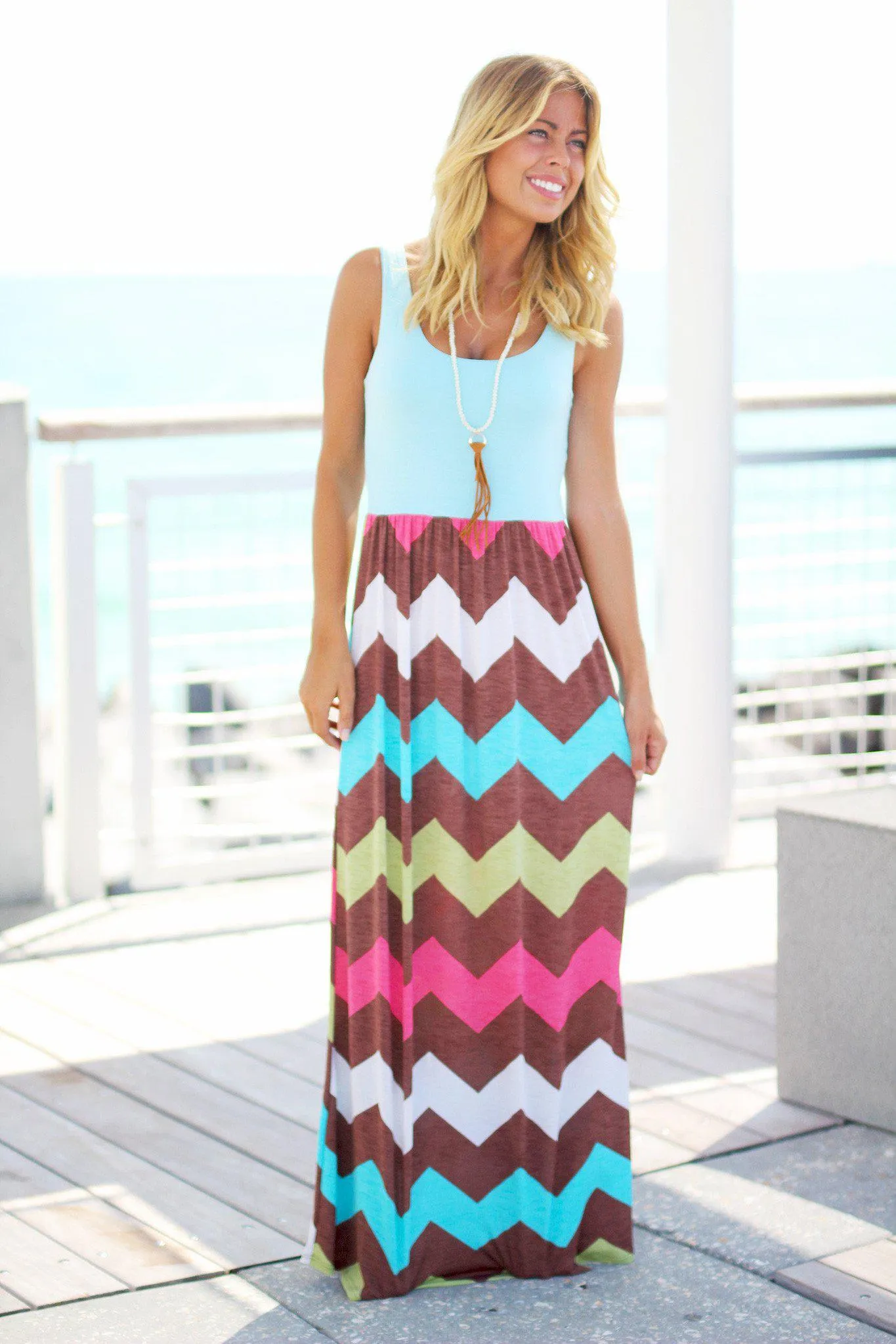 Aqua Multicolor Chevron Maxi Dress