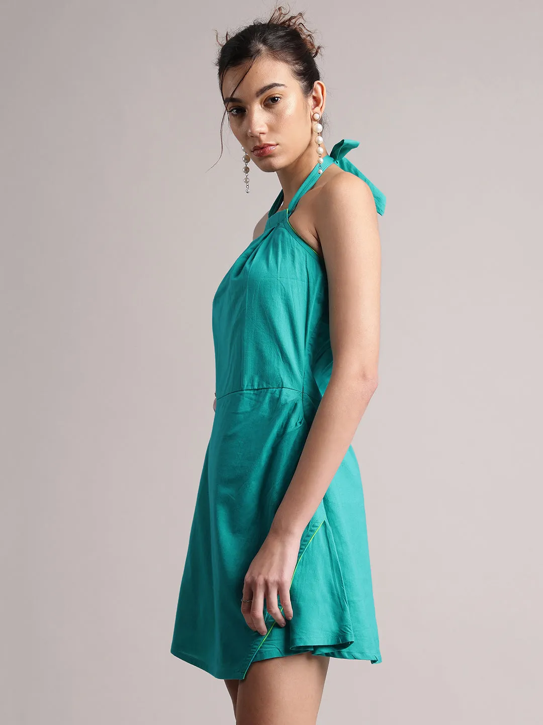 Aqua Solid Halter Neck Tie-Up Wrap Dress