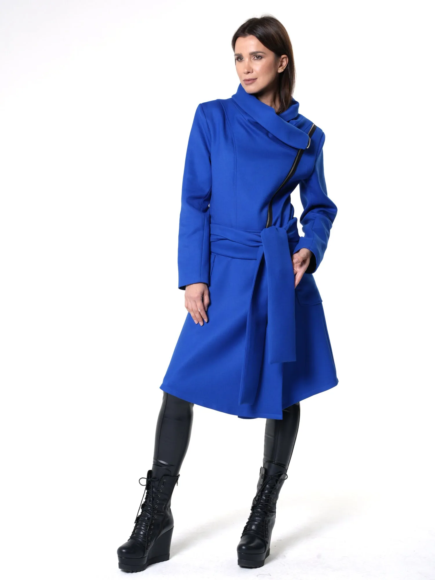 Asymmetric Belted Coat In Royal Blue