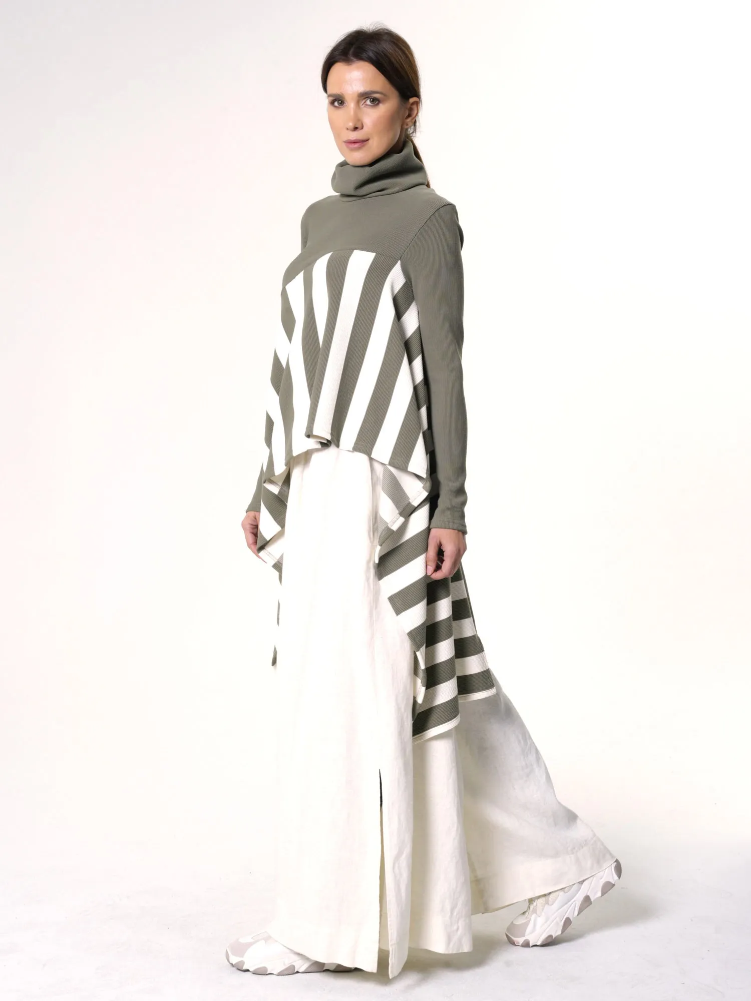 Asymmetric Striped Tunic In Khaki and White