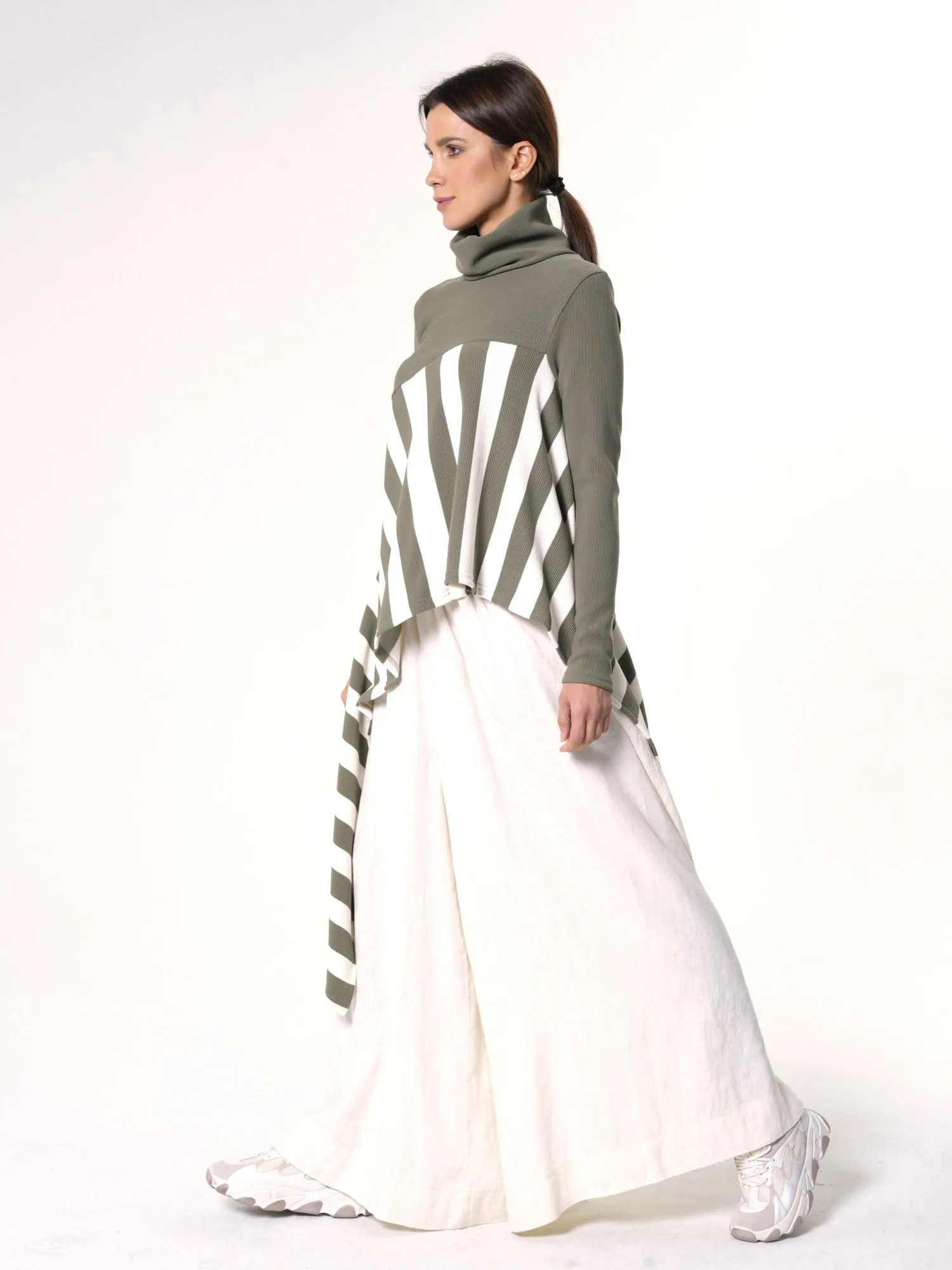 Asymmetric Striped Tunic In Khaki and White