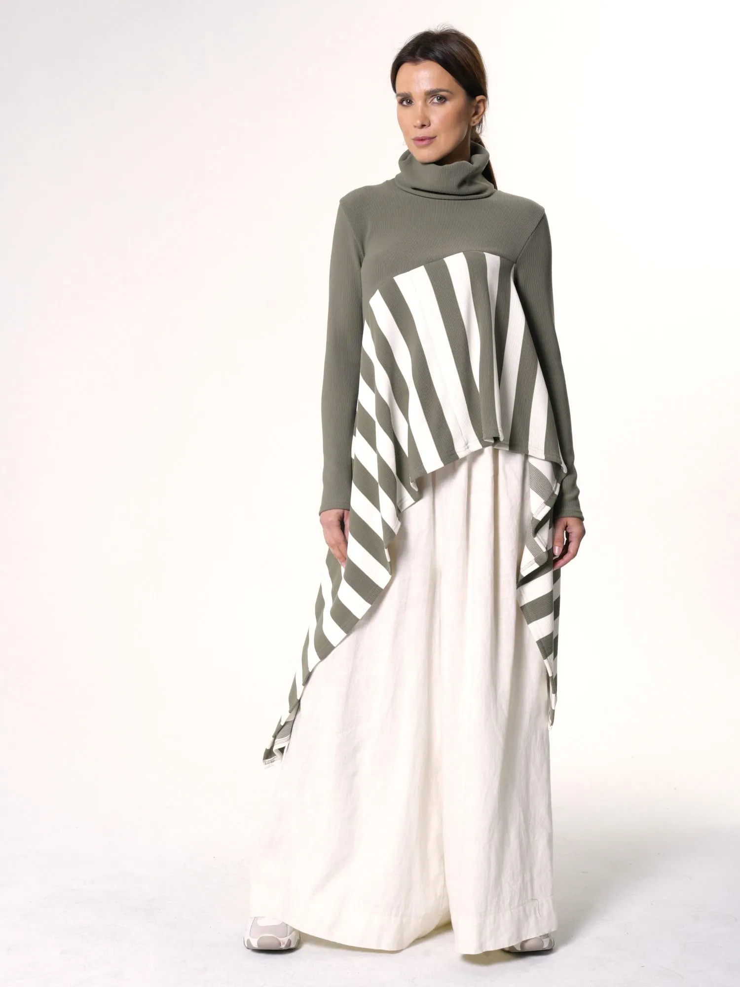 Asymmetric Striped Tunic In Khaki and White