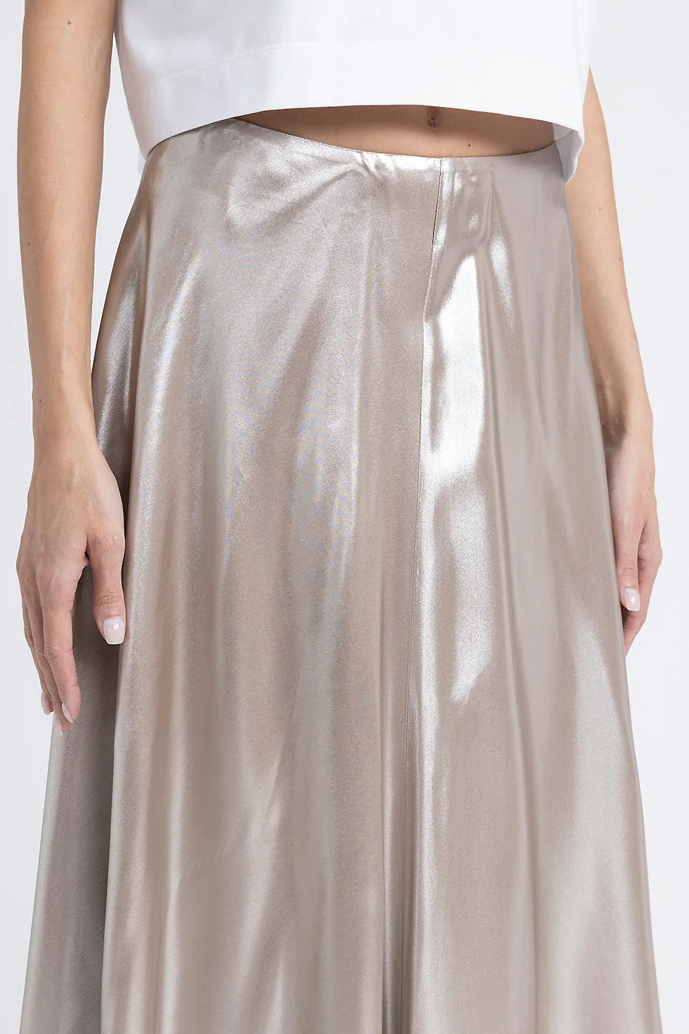 Asymmetrical midi skirt in silver laminated twill