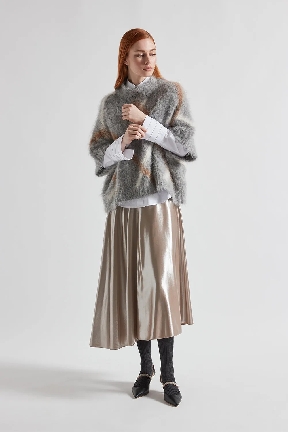 Asymmetrical midi skirt in silver laminated twill