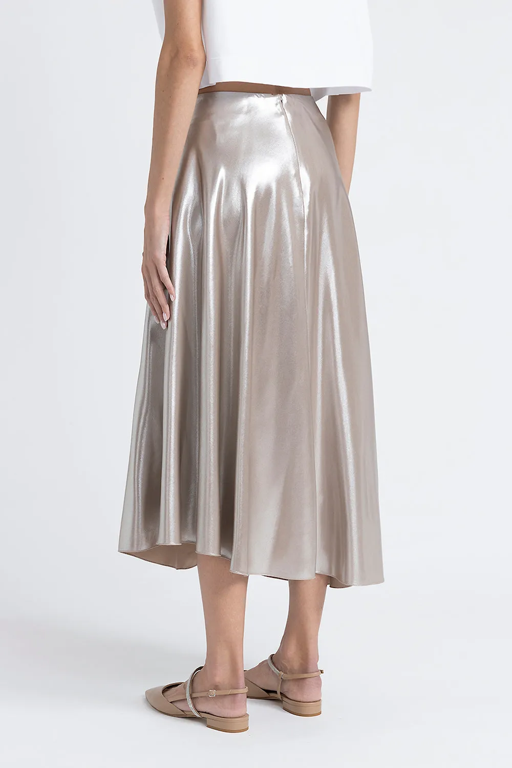 Asymmetrical midi skirt in silver laminated twill