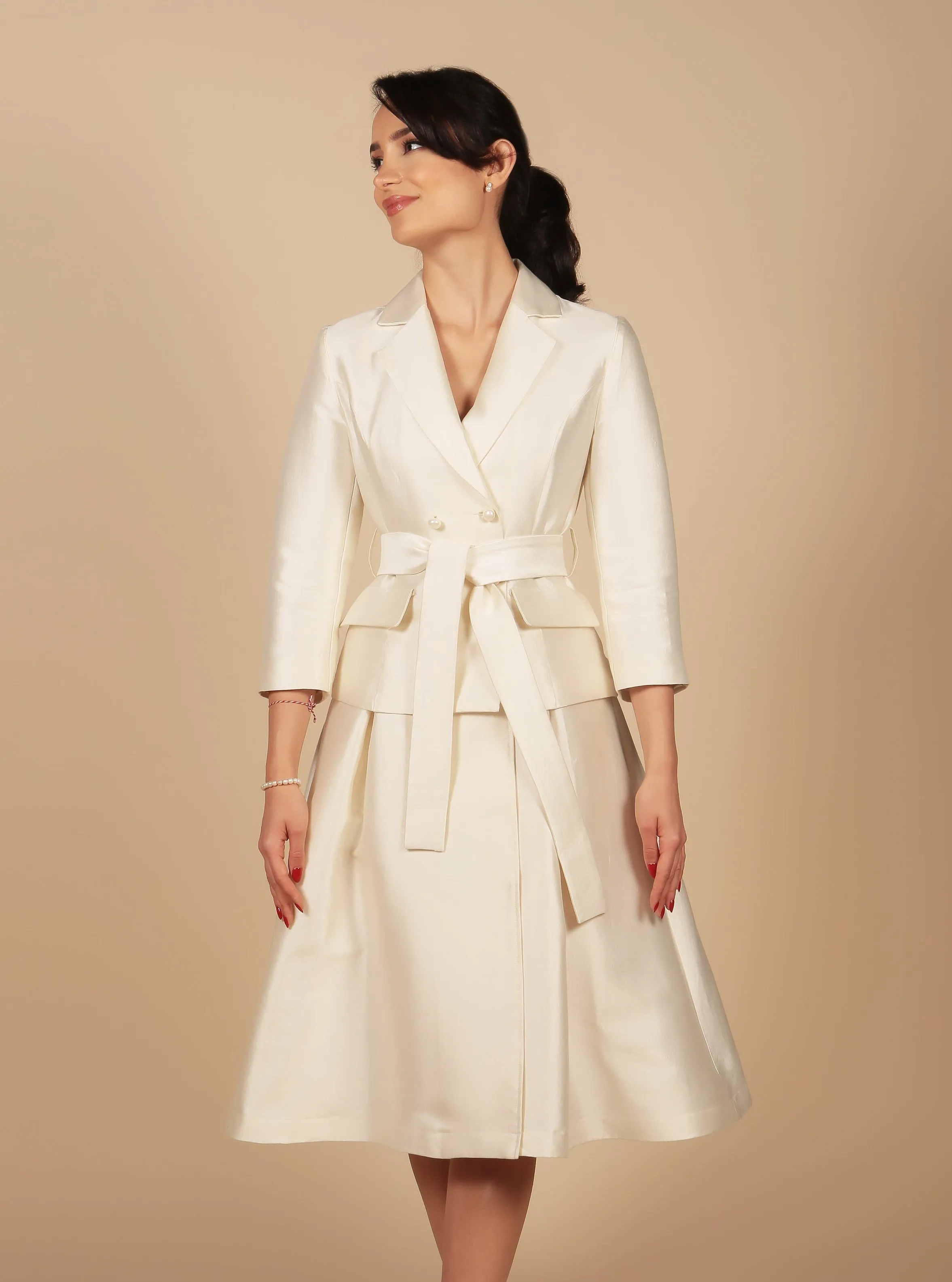 'Audrey' Silk and Wool Dress Coat in Bianco