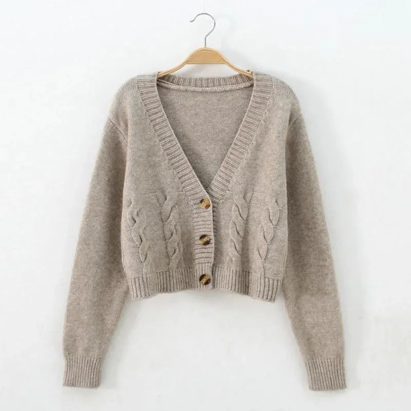 Autumn Winter New 2024 V Neck Short Cardigan Female Twist Sweater Coat Fall Single Breasted High Waist Women Knitted Jacket Tops