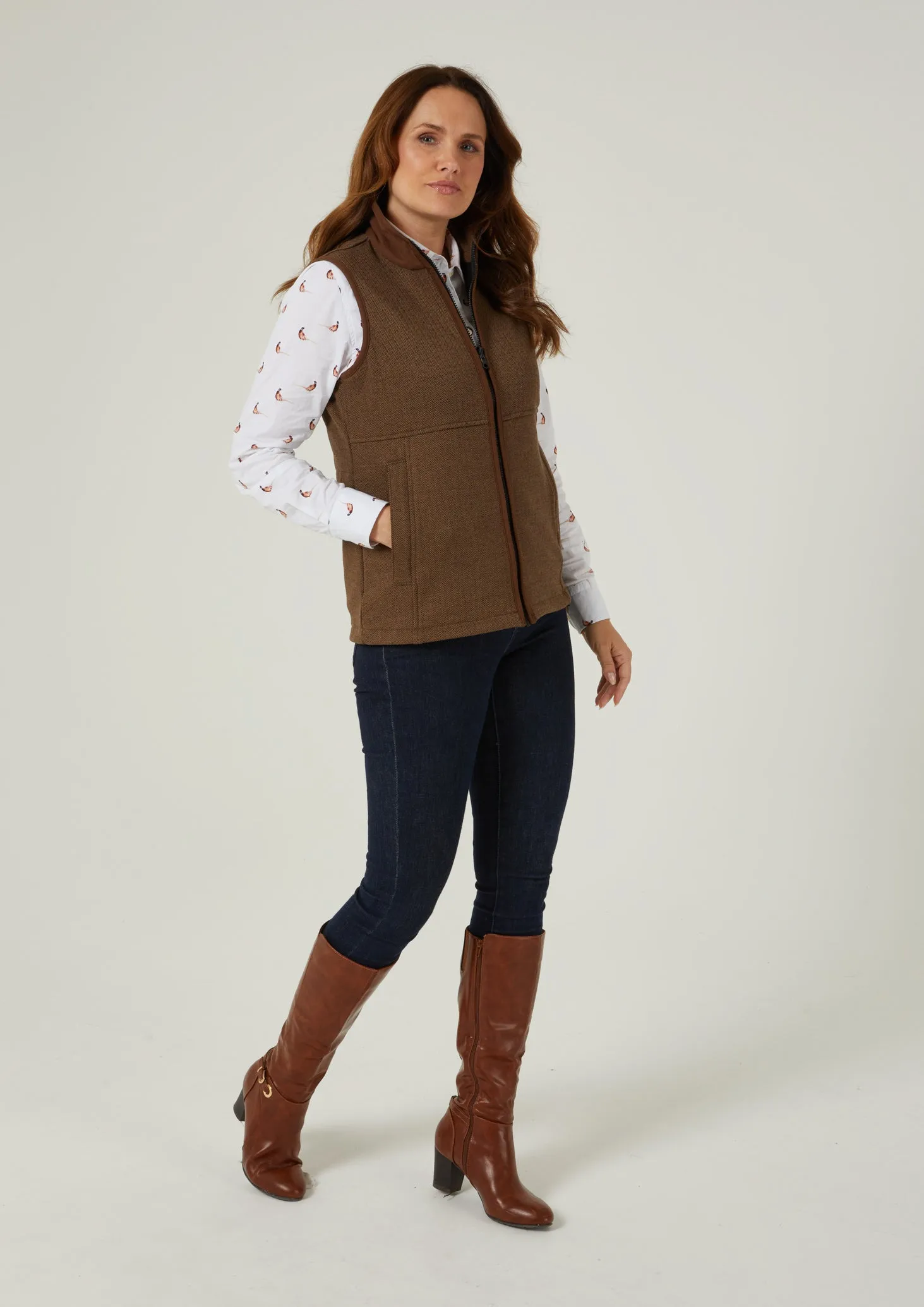 Aylsham Ladies Fleece Gilet In Brown Herringbone - Regular Fit