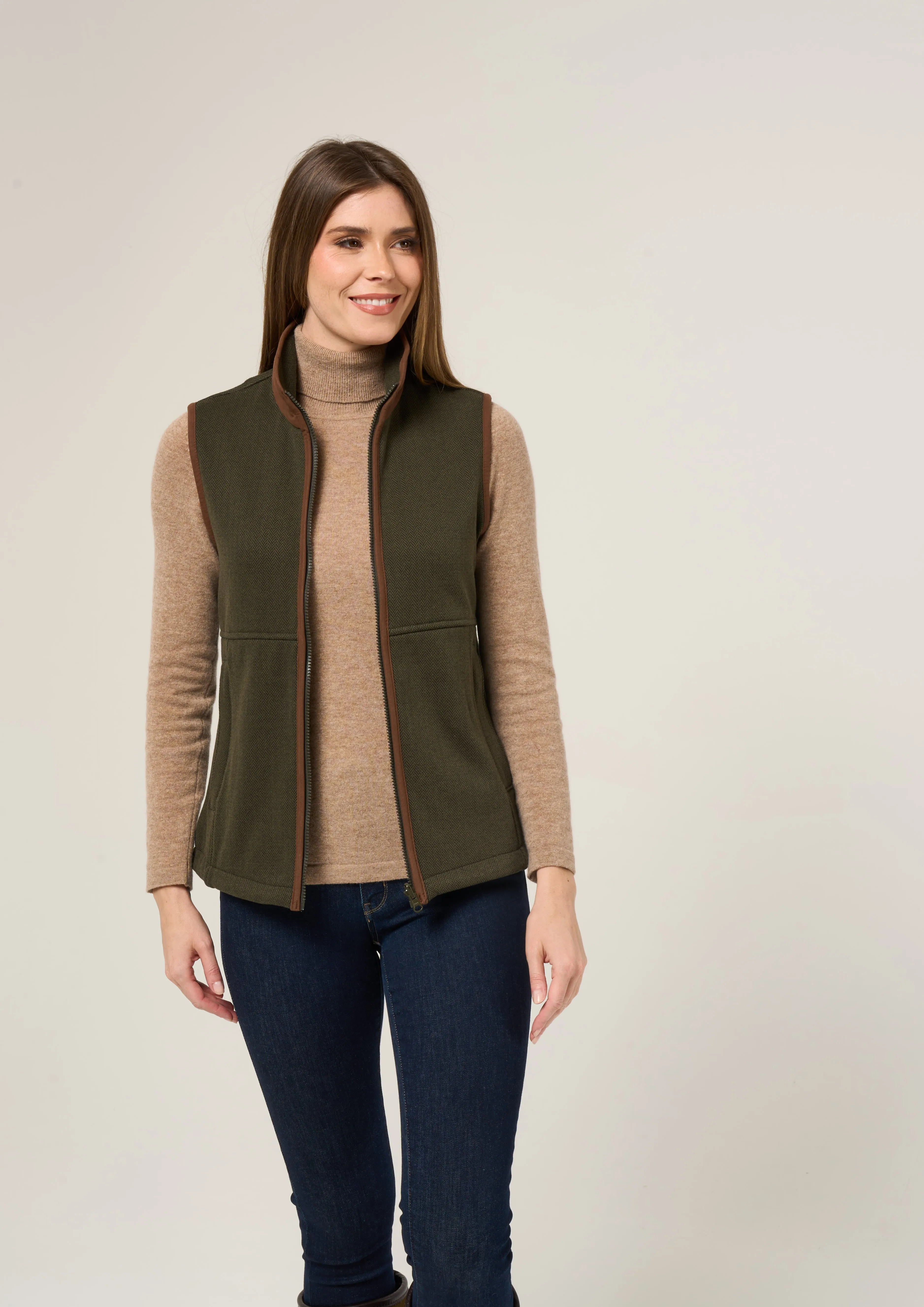 Aylsham Ladies Fleece Gilet In Green Herringbone - Regular Fit