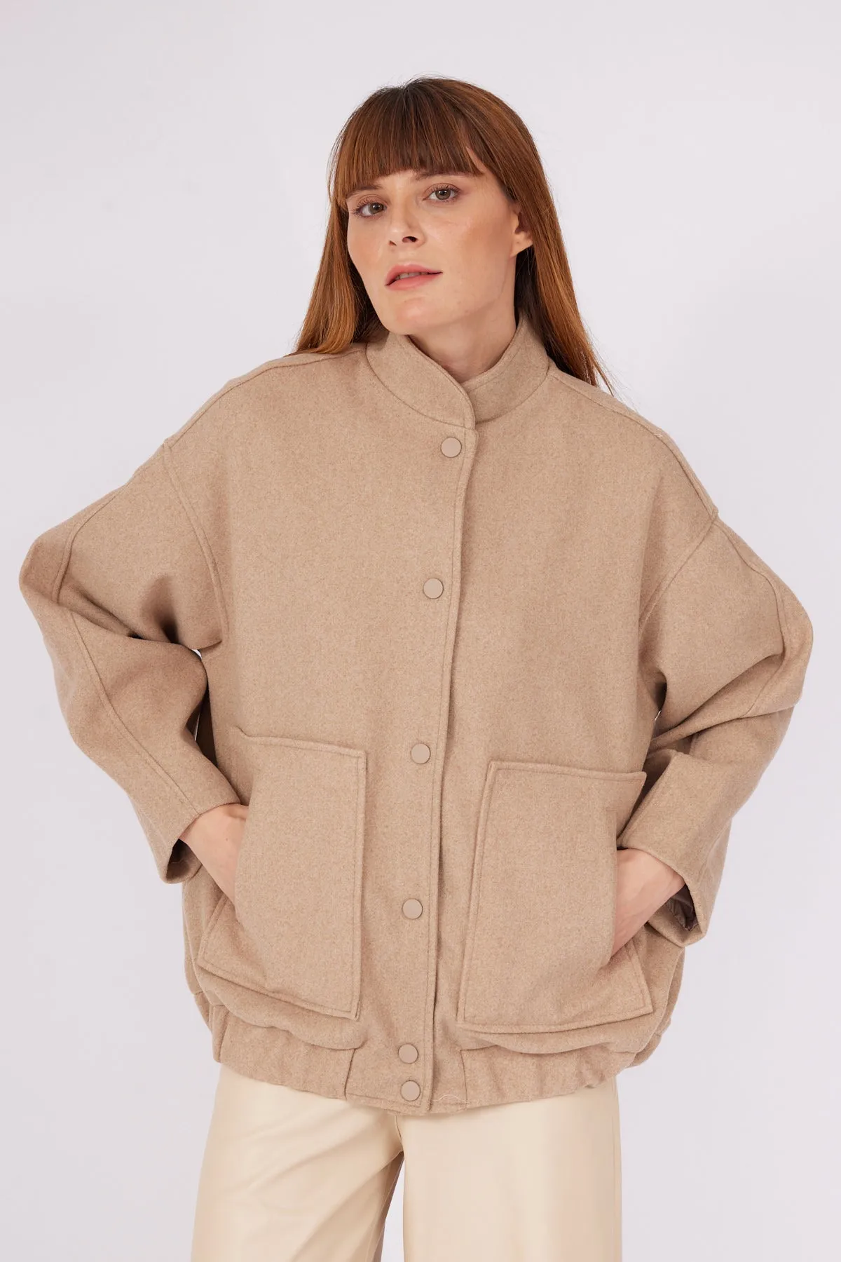 BEIGE BULLET POCKET BOMBER COAT