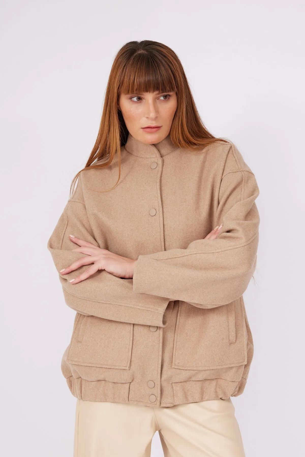 BEIGE BULLET POCKET BOMBER COAT