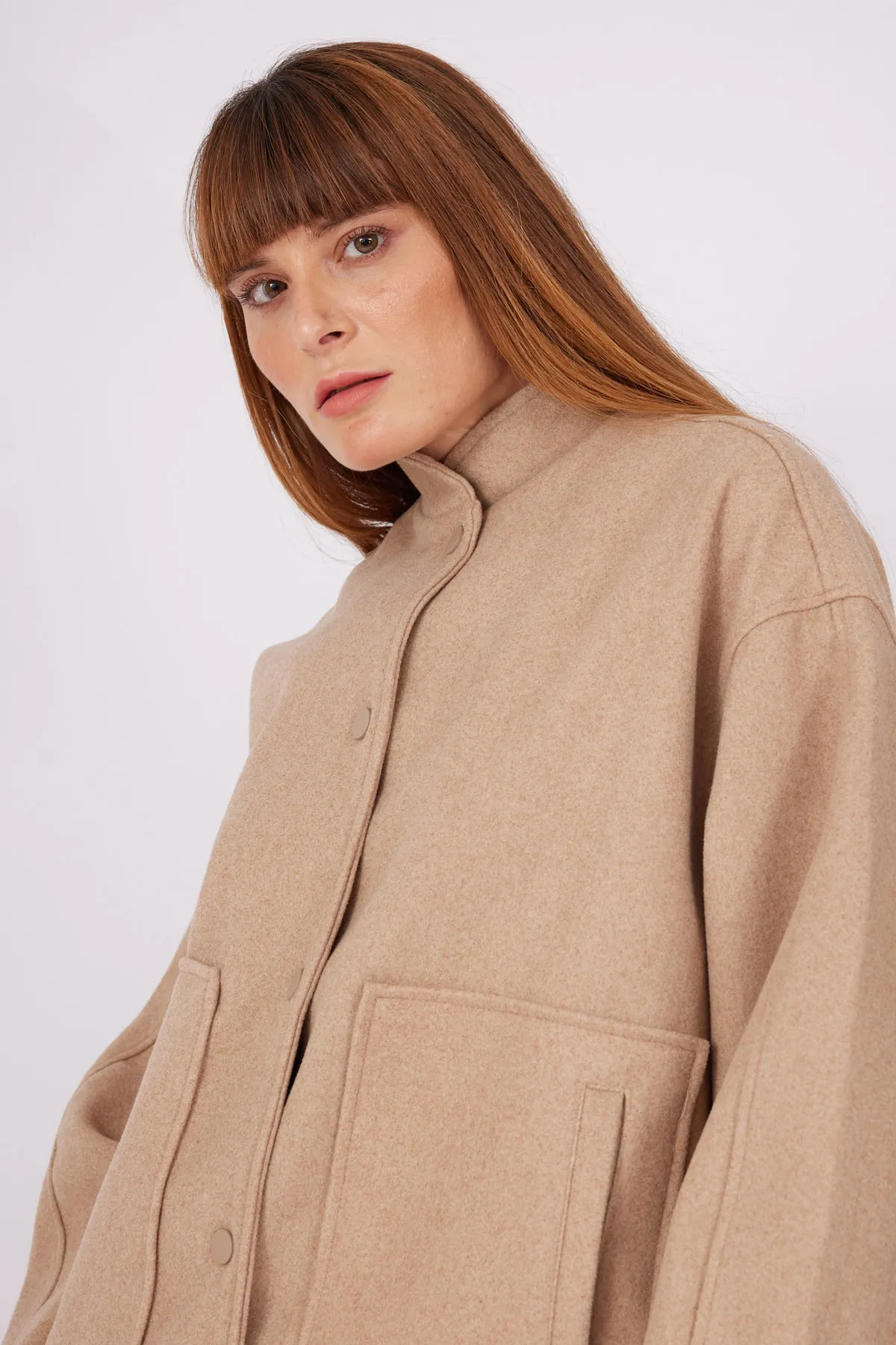 BEIGE BULLET POCKET BOMBER COAT