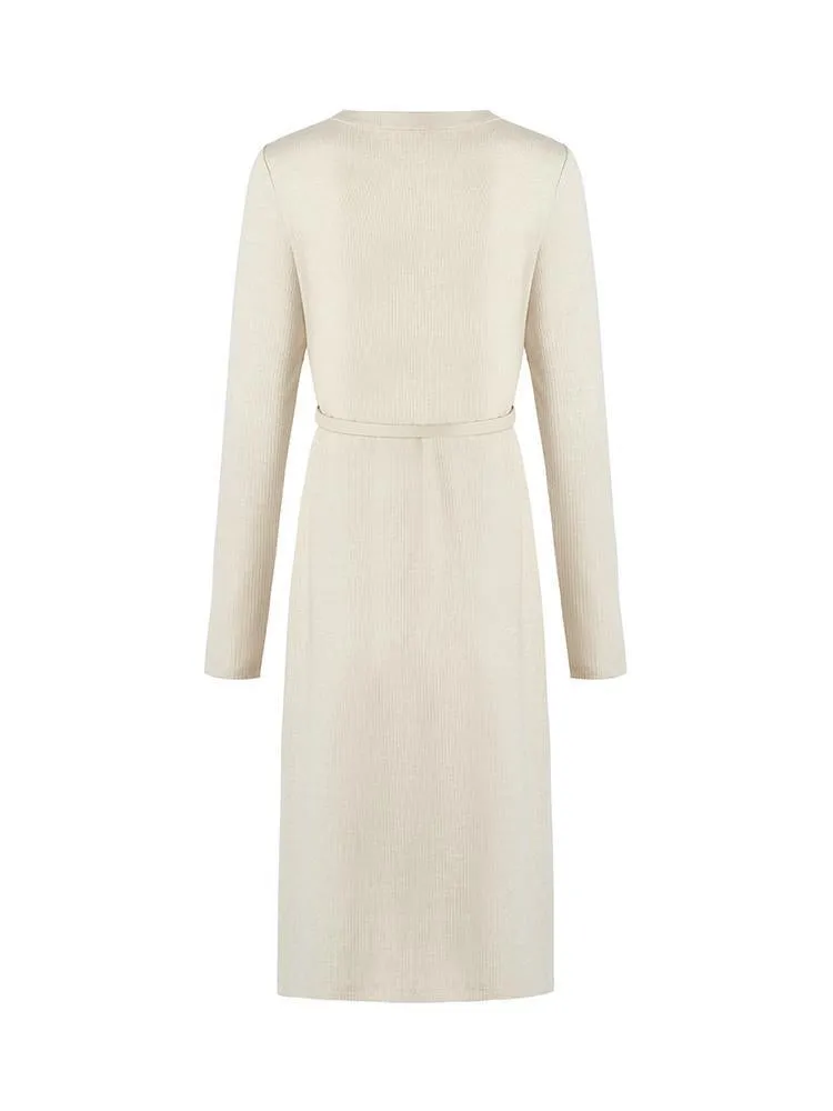 Beige Knitted Gathered Waist Dress