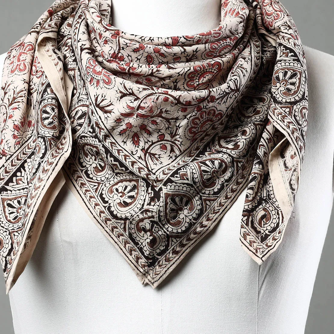 Beige - Pedana Kalamkari Block Printed Natural Dyed Cotton Scarf 84