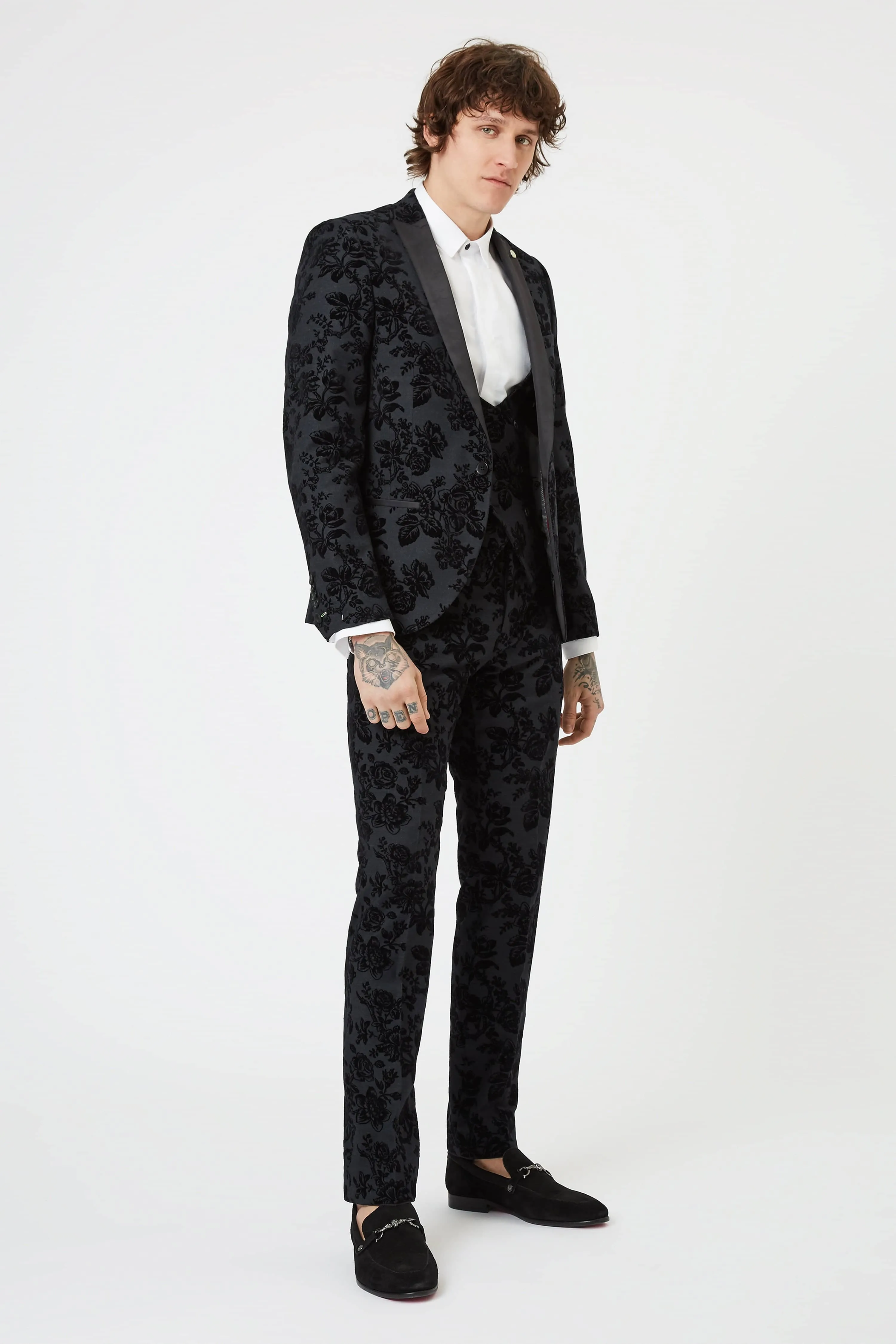 Belsize Skinny Fit Black Floral Tuxedo Waistcoat - ARCHIVE