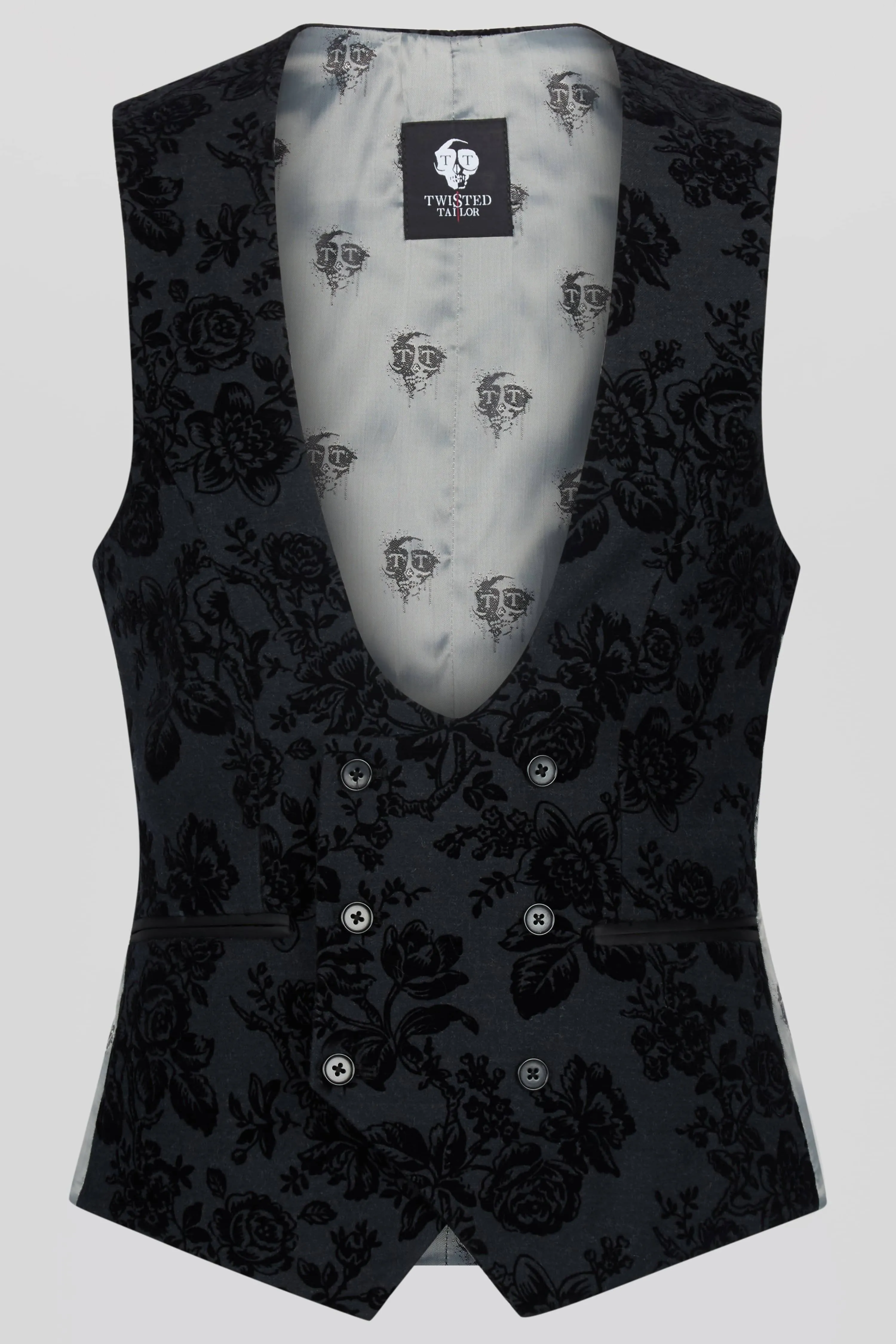 Belsize Skinny Fit Black Floral Tuxedo Waistcoat - ARCHIVE