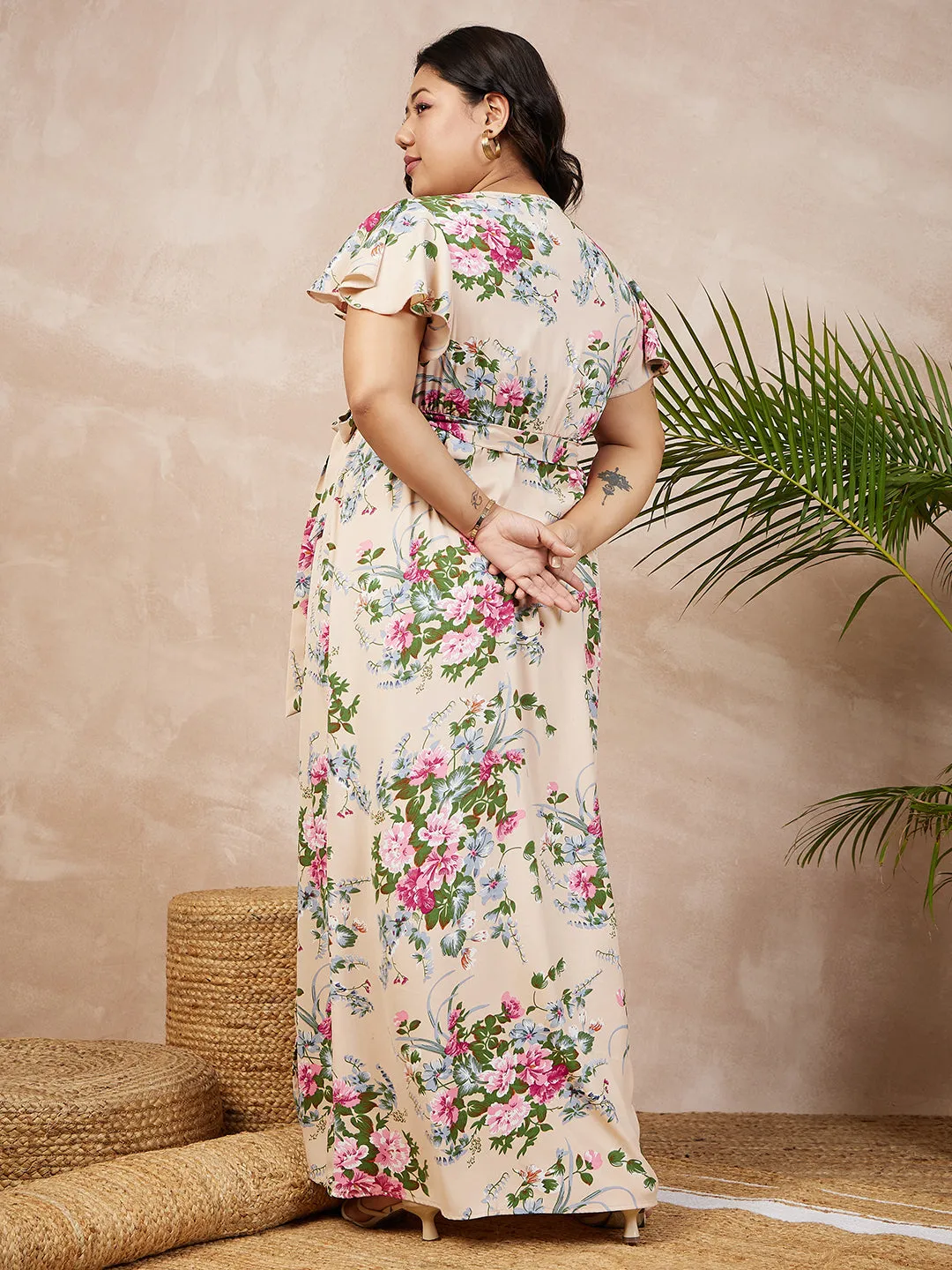 Berrylush Women Plus Size Beige & Pink Floral Printed V-Neck Flutter Sleeve Tie-Up Waist Flared Maxi Dress