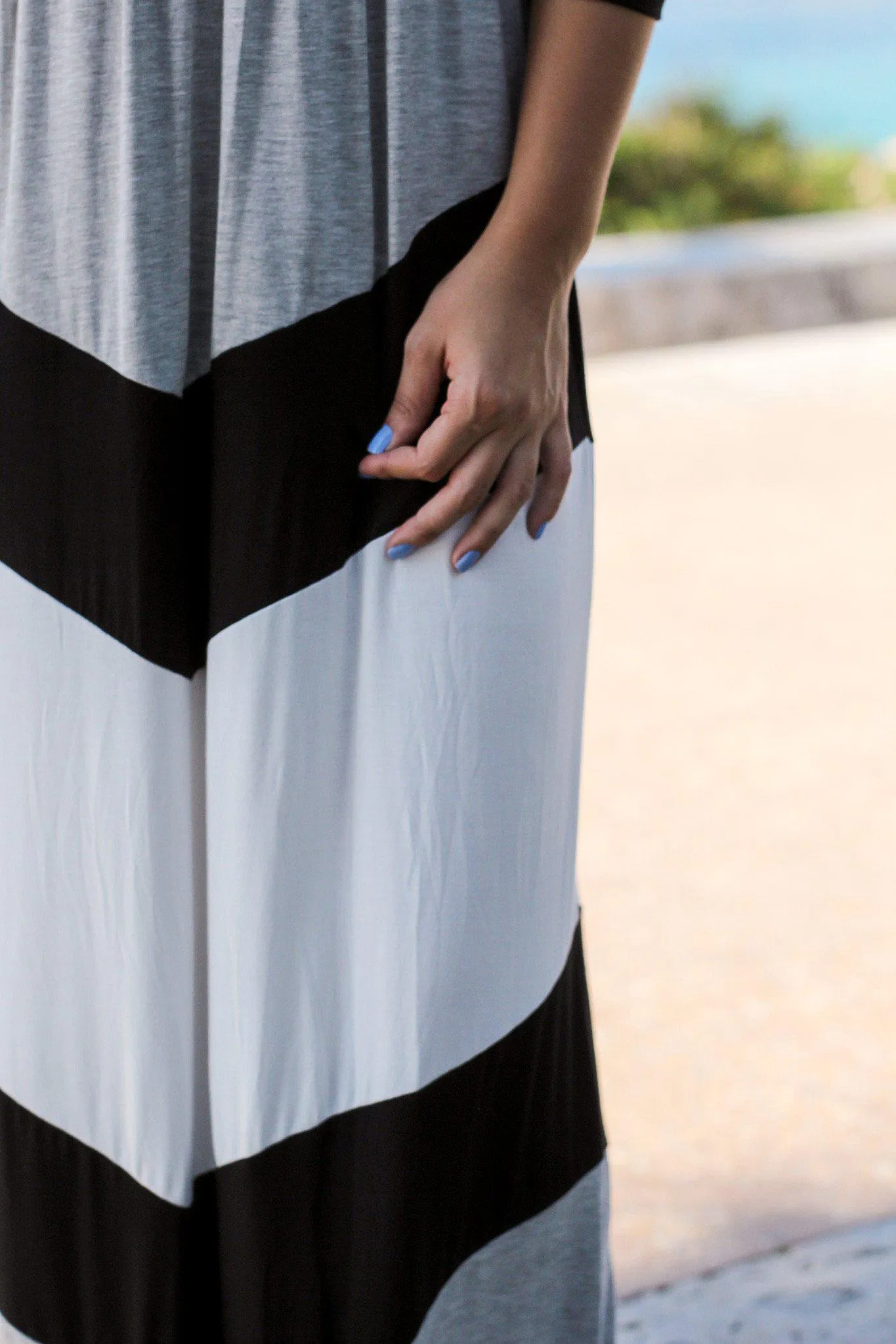 Black and Gray Chevron Maxi Dress with 3/4 Sleeves